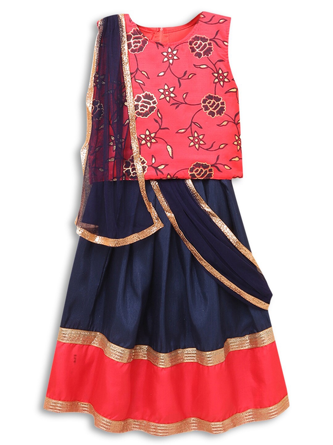 

Hopscotch Girls Pink & Blue Printed Ready to Wear Lehenga & Blouse With Dupatta