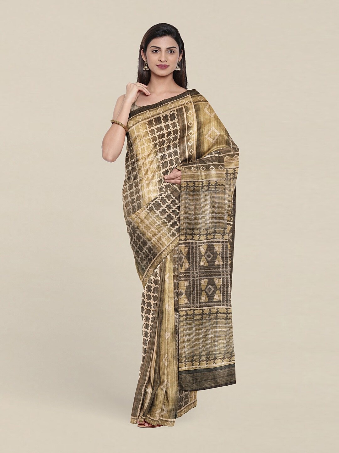 

Pothys Green & Brown Ethnic Motifs Jute Silk Saree