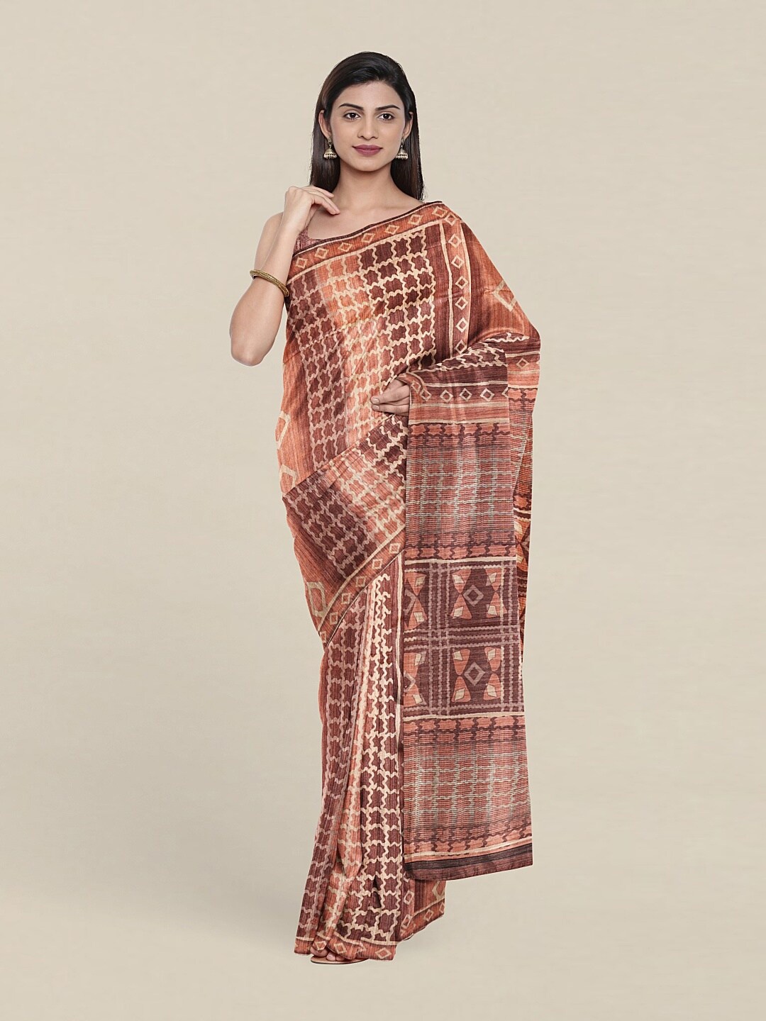 

Pothys Peach-Coloured Ethnic Motifs Jute Silk Saree