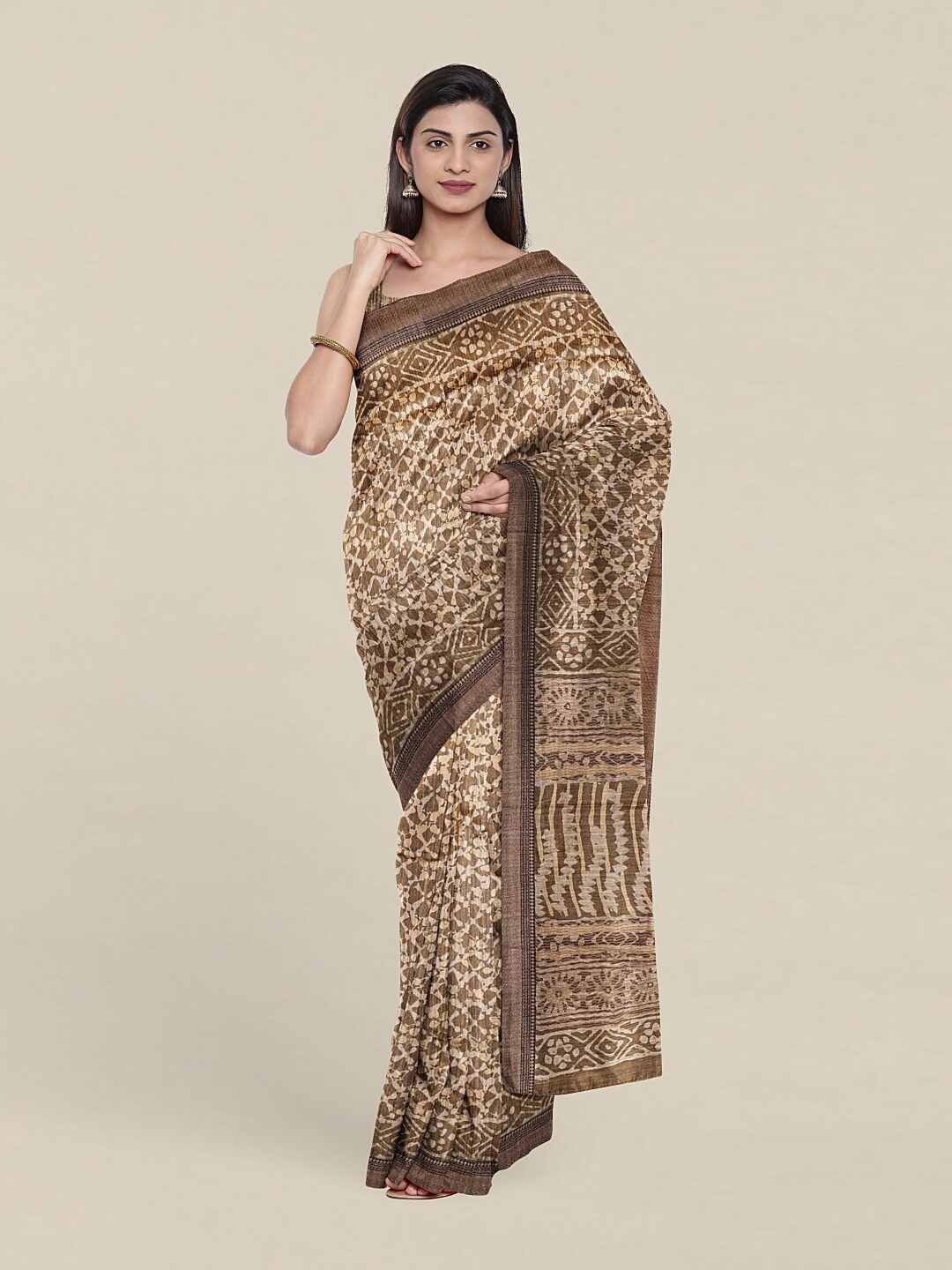 

Pothys Khaki Ethnic Motifs Jute Silk Saree