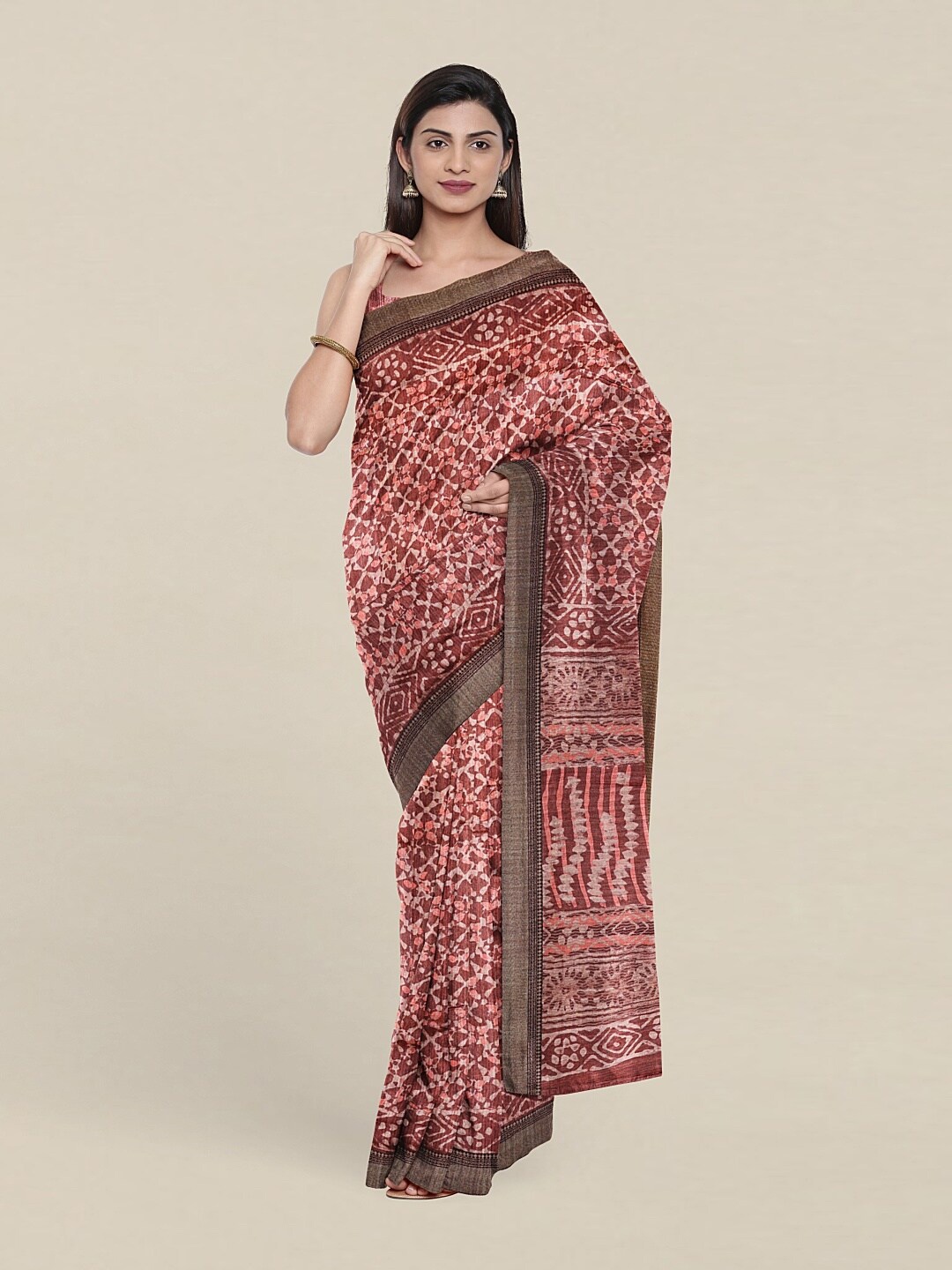 

Pothys Pink & Brown Ethnic Motifs Jute Silk Saree