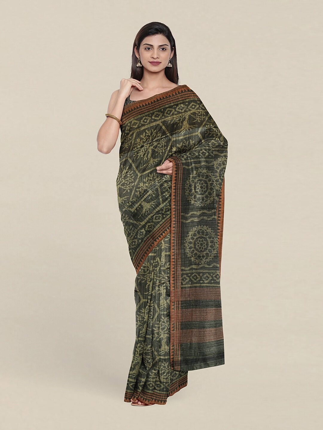 

Pothys Green & Brown Ethnic Motifs Jute Silk Saree