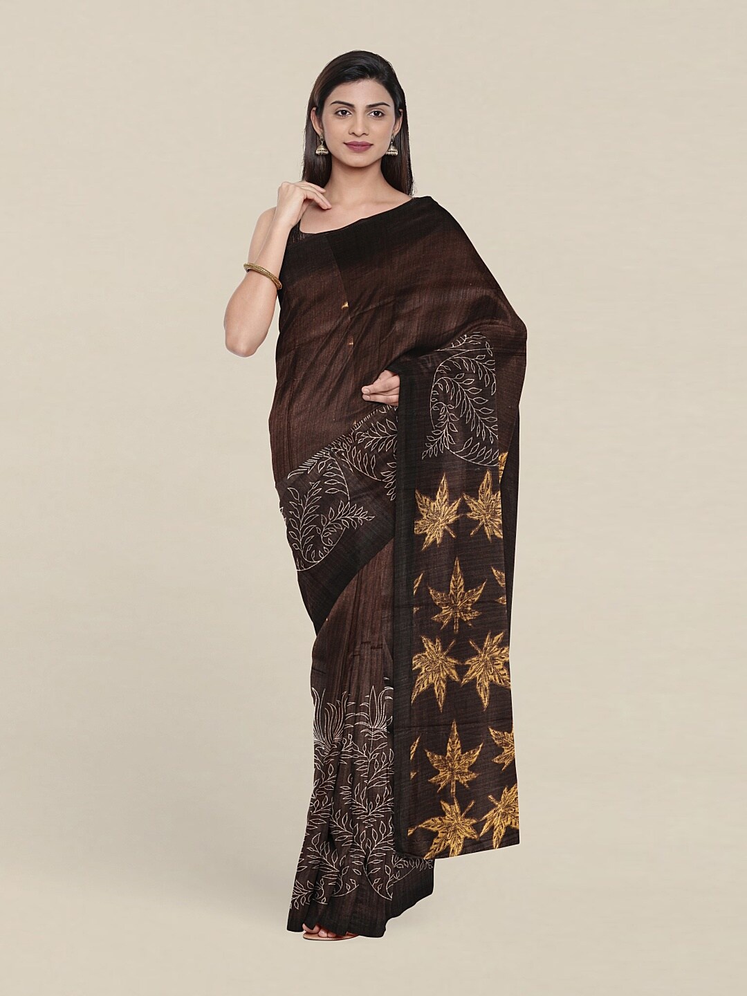 

Pothys Brown & Yellow Floral Jute Silk Saree