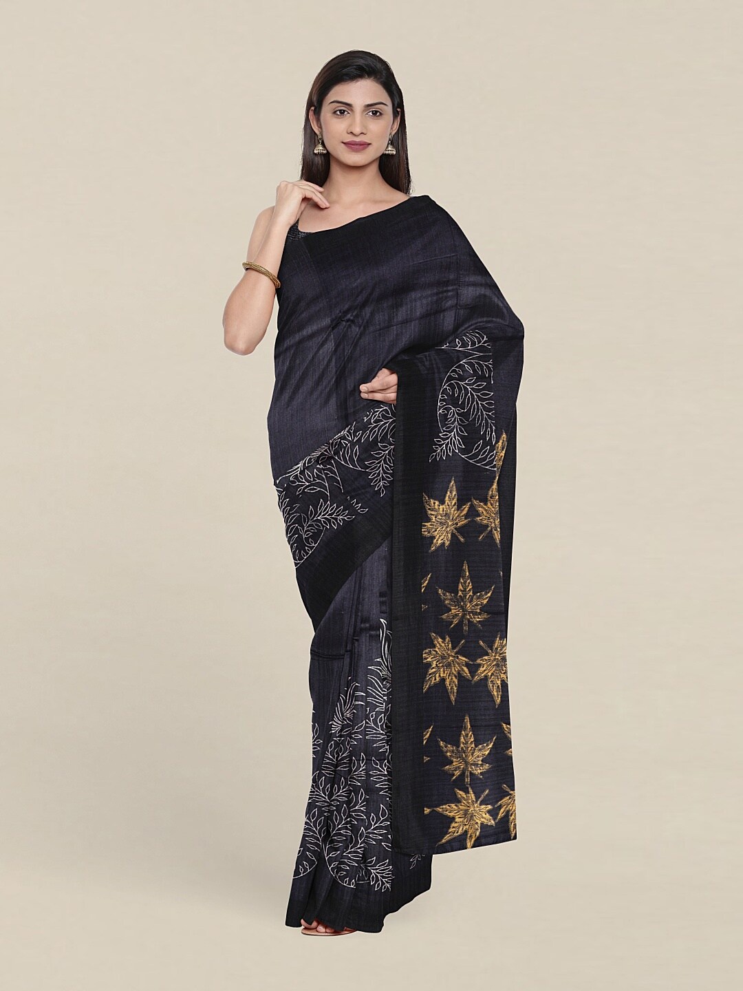 

Pothys Blue & Gold-Toned Ethnic Motifs Jute Silk Saree