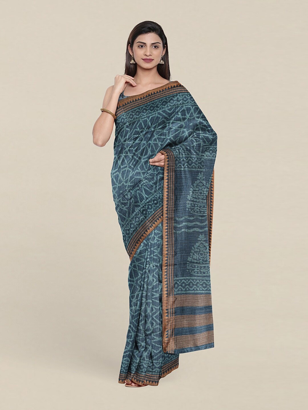 

Pothys Blue & Gold-Toned Floral Zari Jute Silk Saree