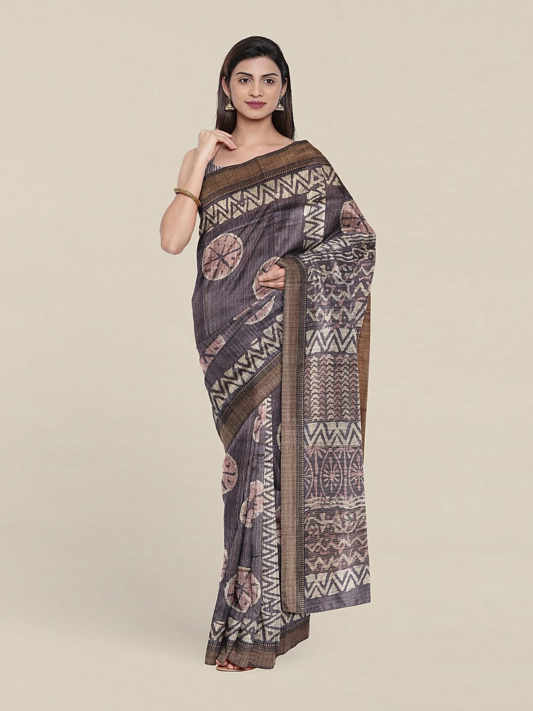 

Pothys Blue & Gold-Toned Ethnic Motifs Zari Jute Silk Saree