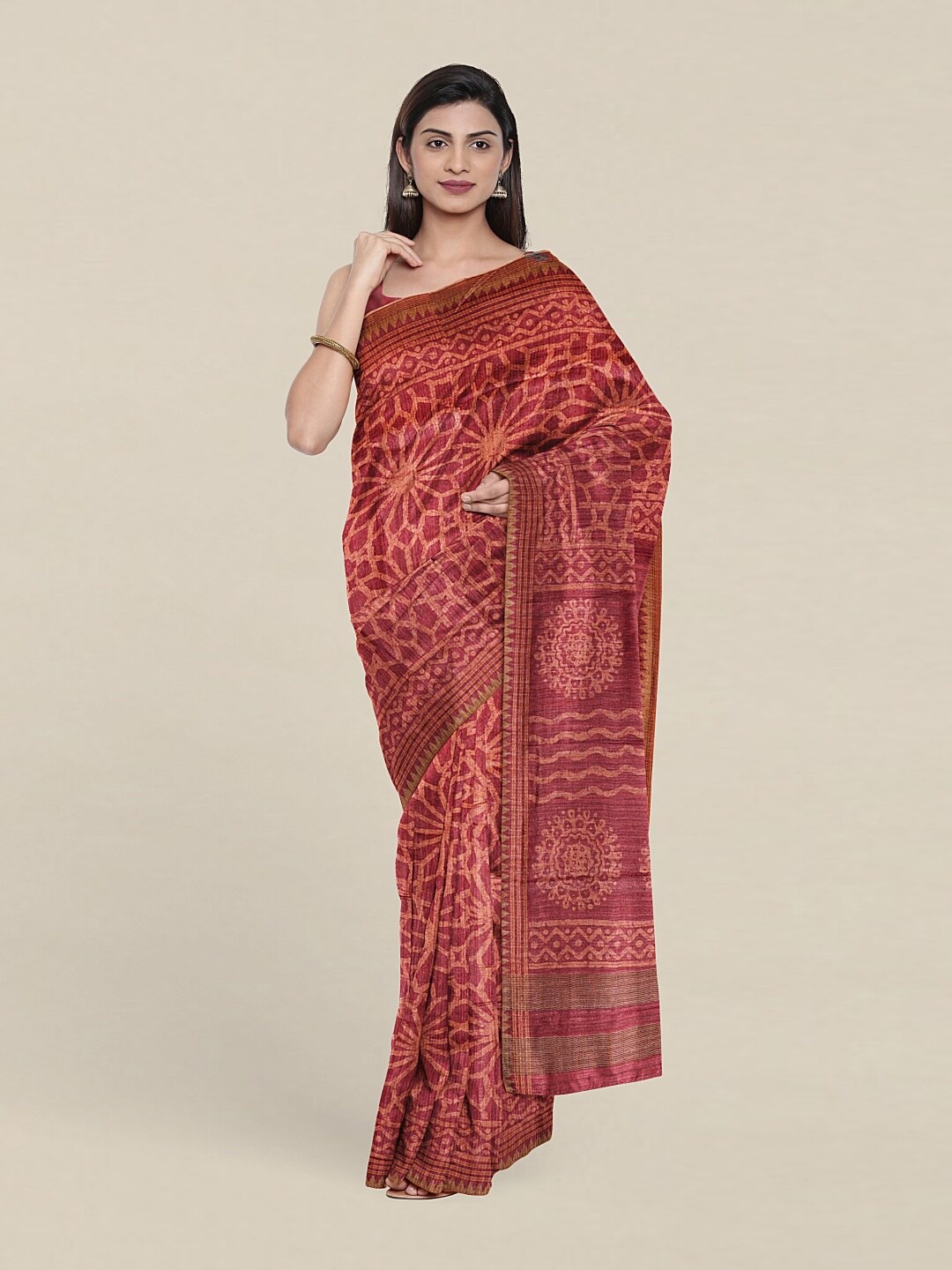 

Pothys Pink & Gold-Toned Floral Jute Silk Saree