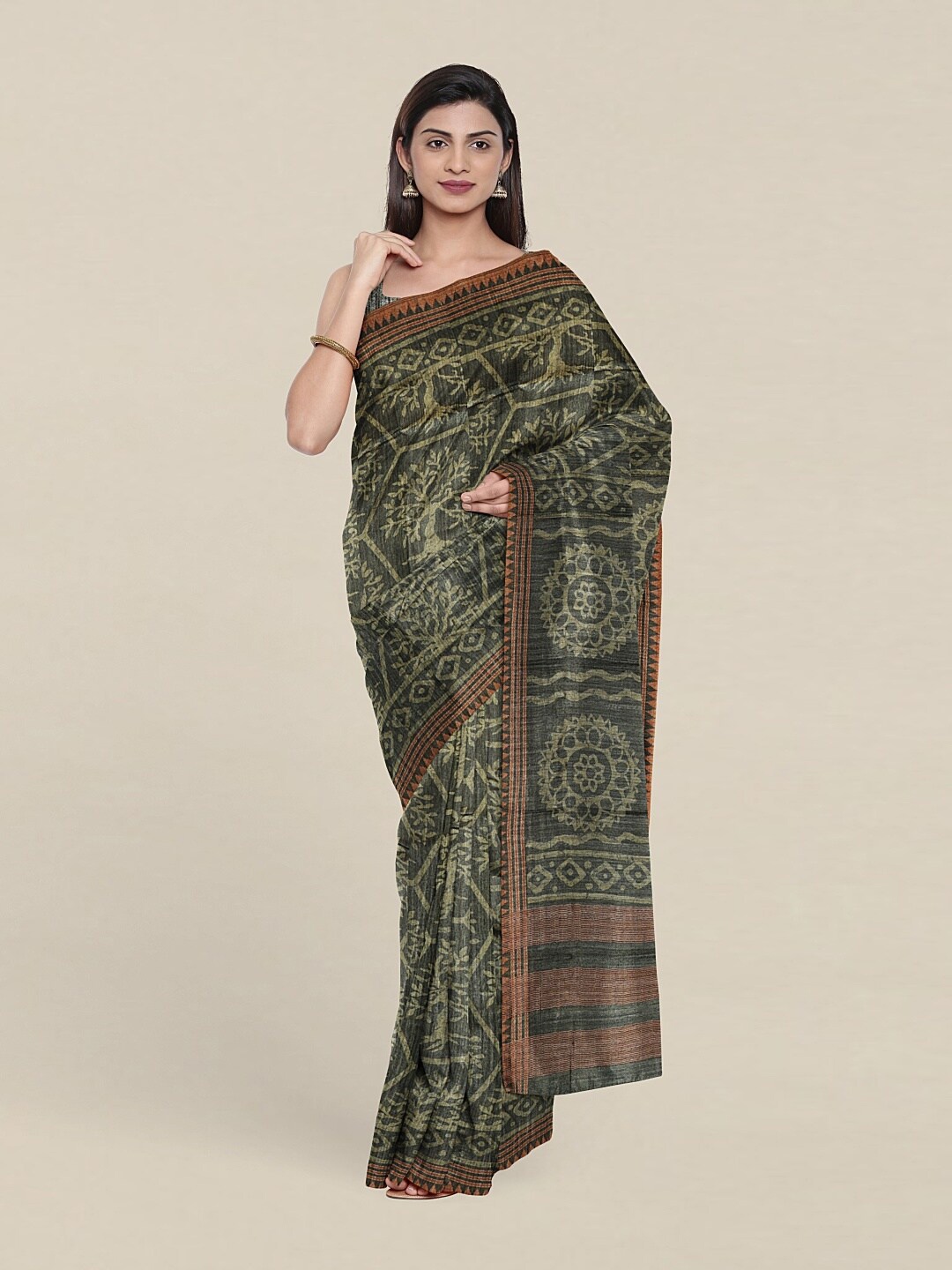 

Pothys Green & Brown Floral Zari Jute Silk Saree