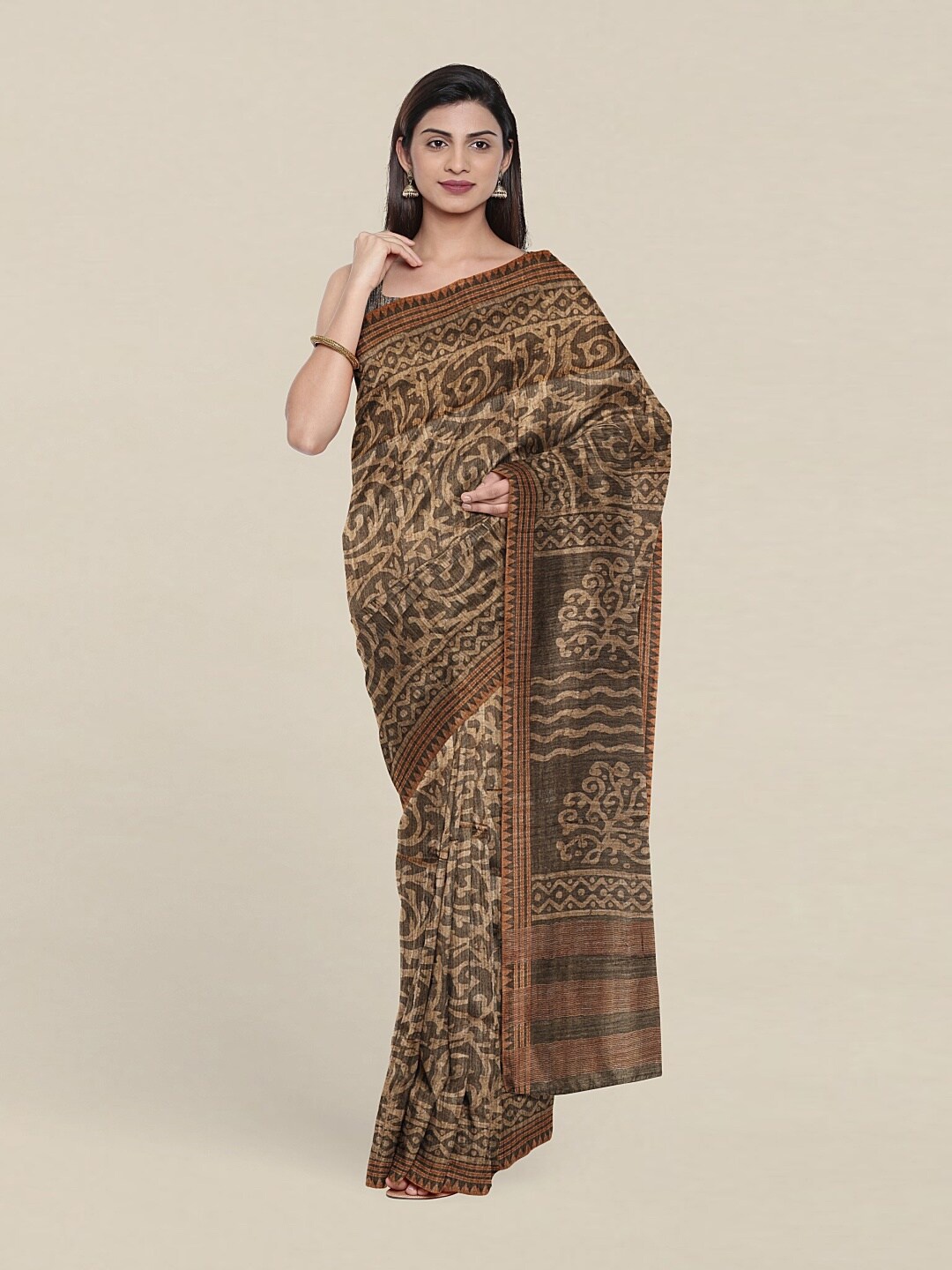 

Pothys Green & Brown Floral Jute Silk Saree