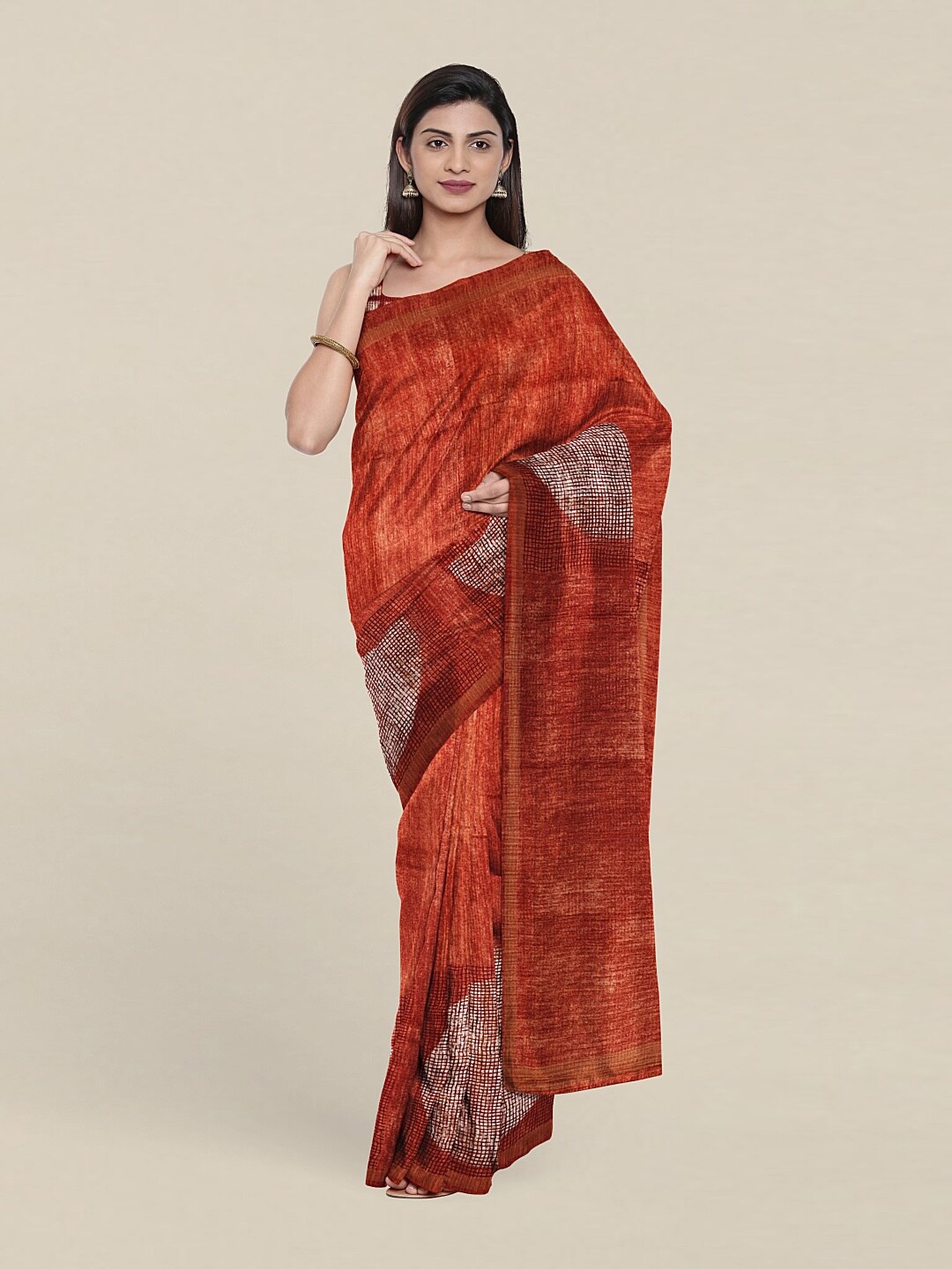 

Pothys Rust & White Printed Jute Silk Saree