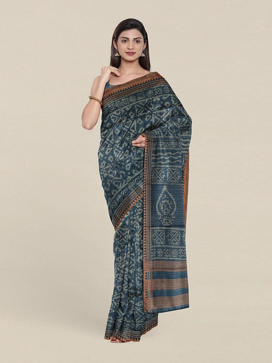 

Pothys Blue & Brown Jute Silk Saree