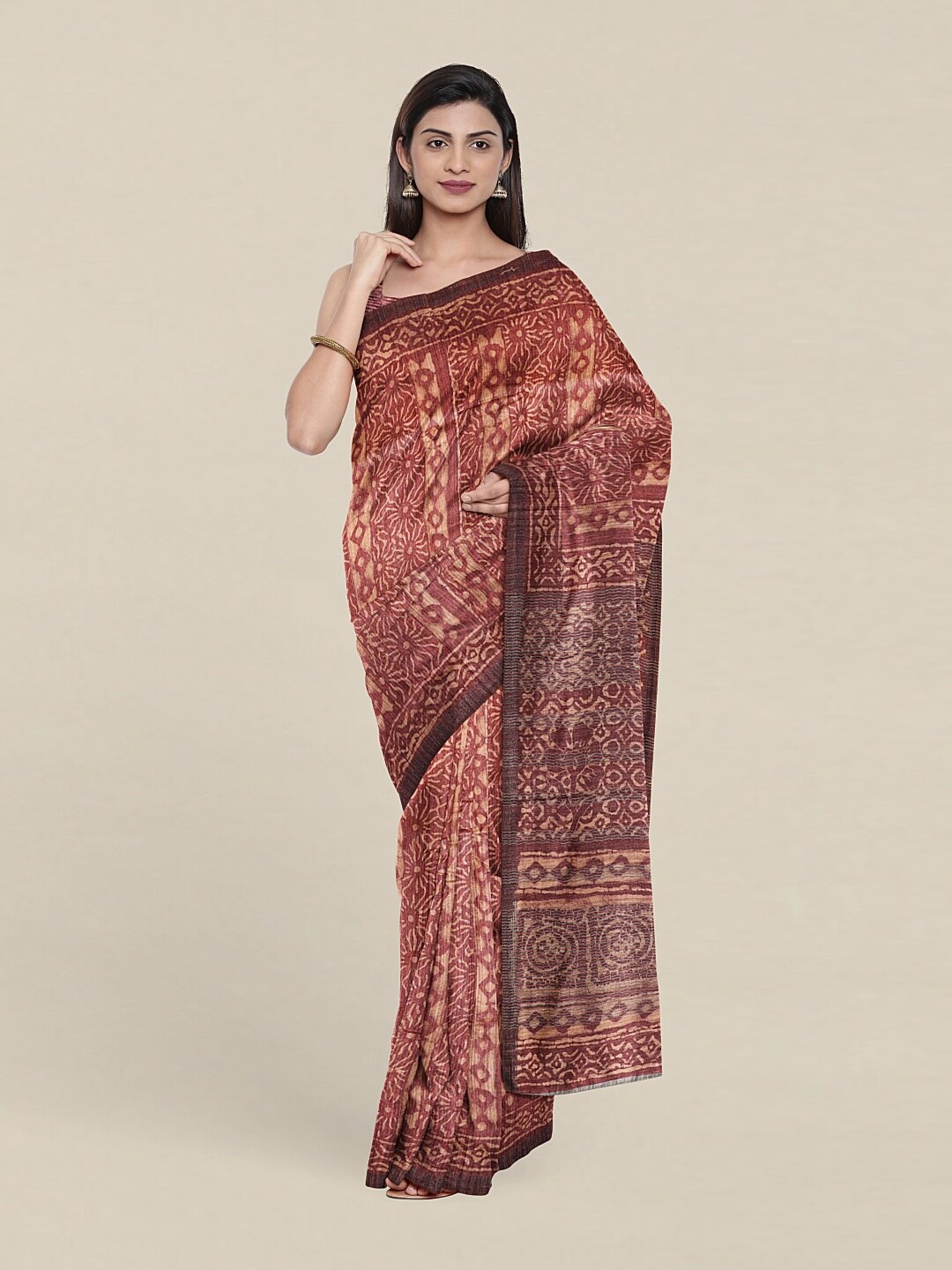 

Pothys Pink & Brown Floral Jute Silk Saree