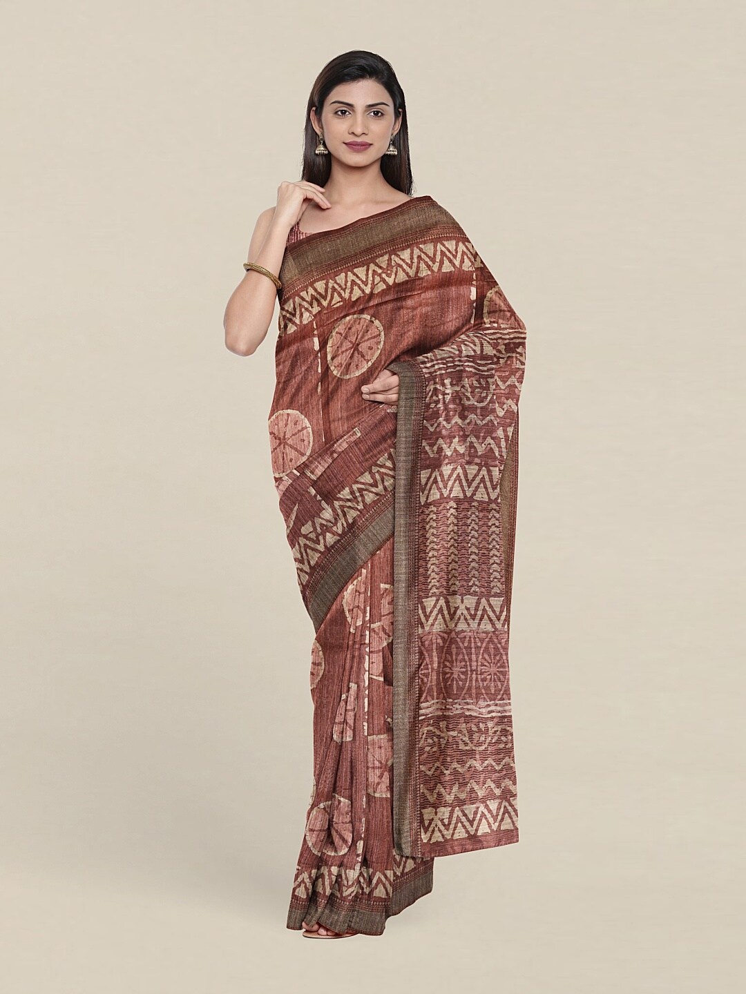 

Pothys Rust & Brown Ethnic Motifs Jute Silk Saree