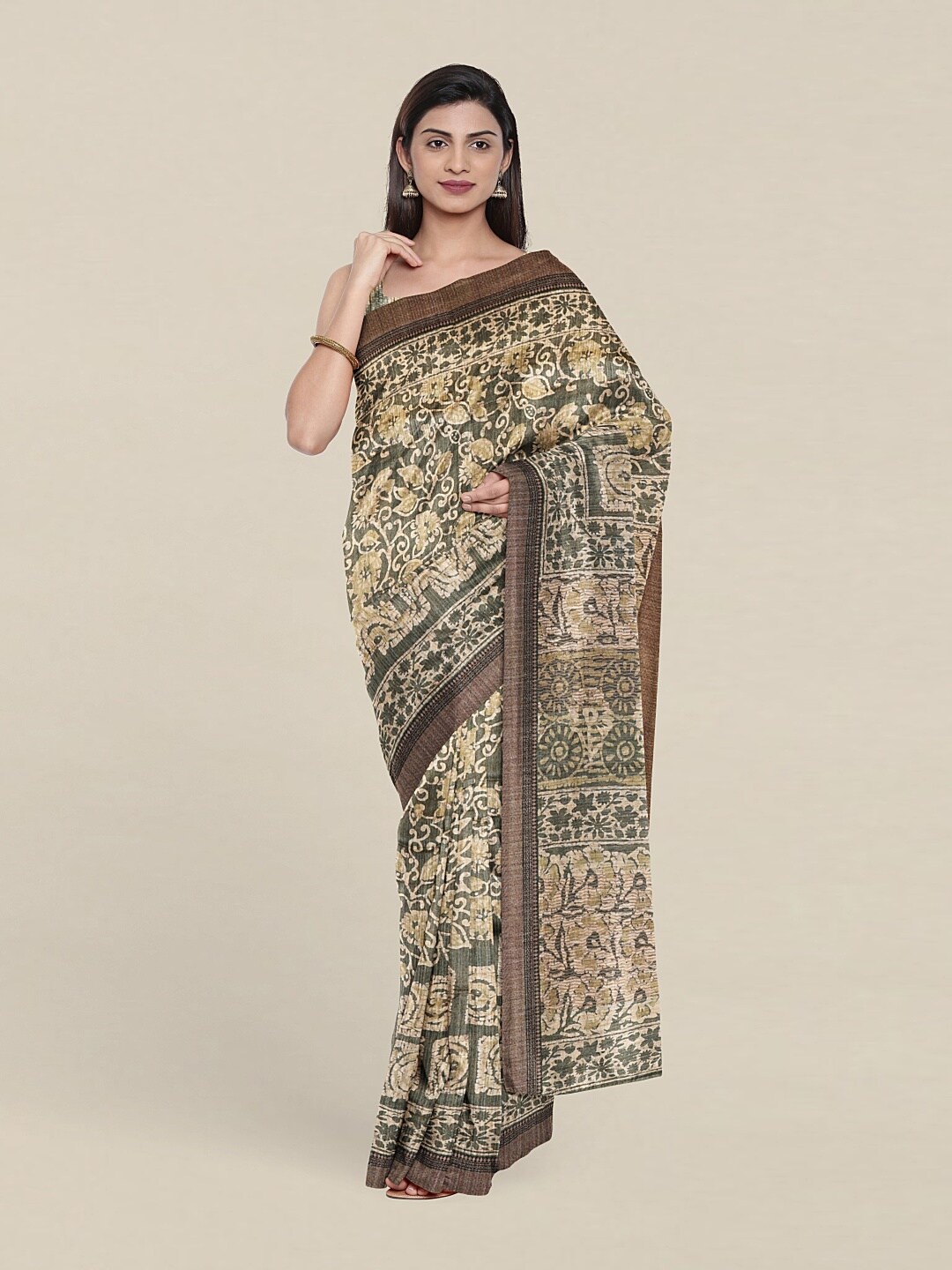 

Pothys Green & Brown Ethnic Motifs Jute Silk Saree