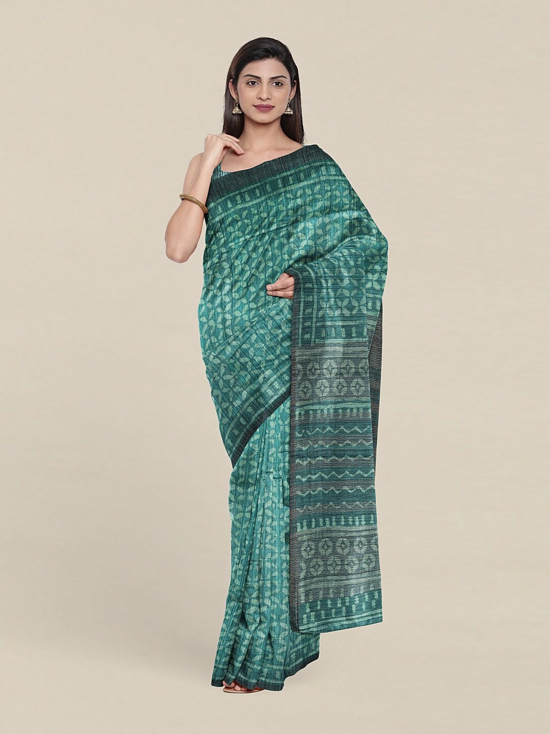 

Pothys Green Printed Jute Silk Saree