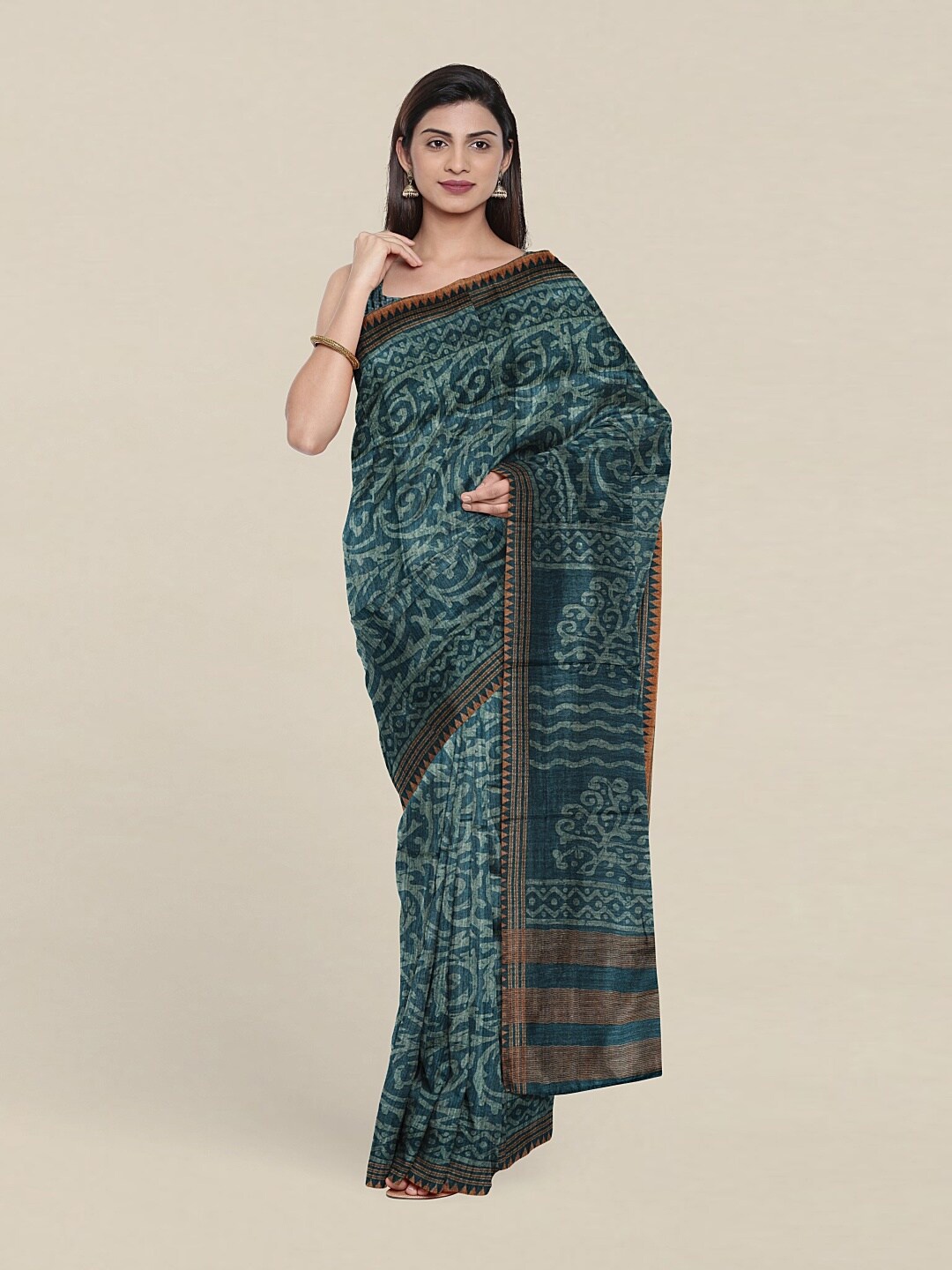 

Pothys Blue & Brown Floral Jute Silk Saree