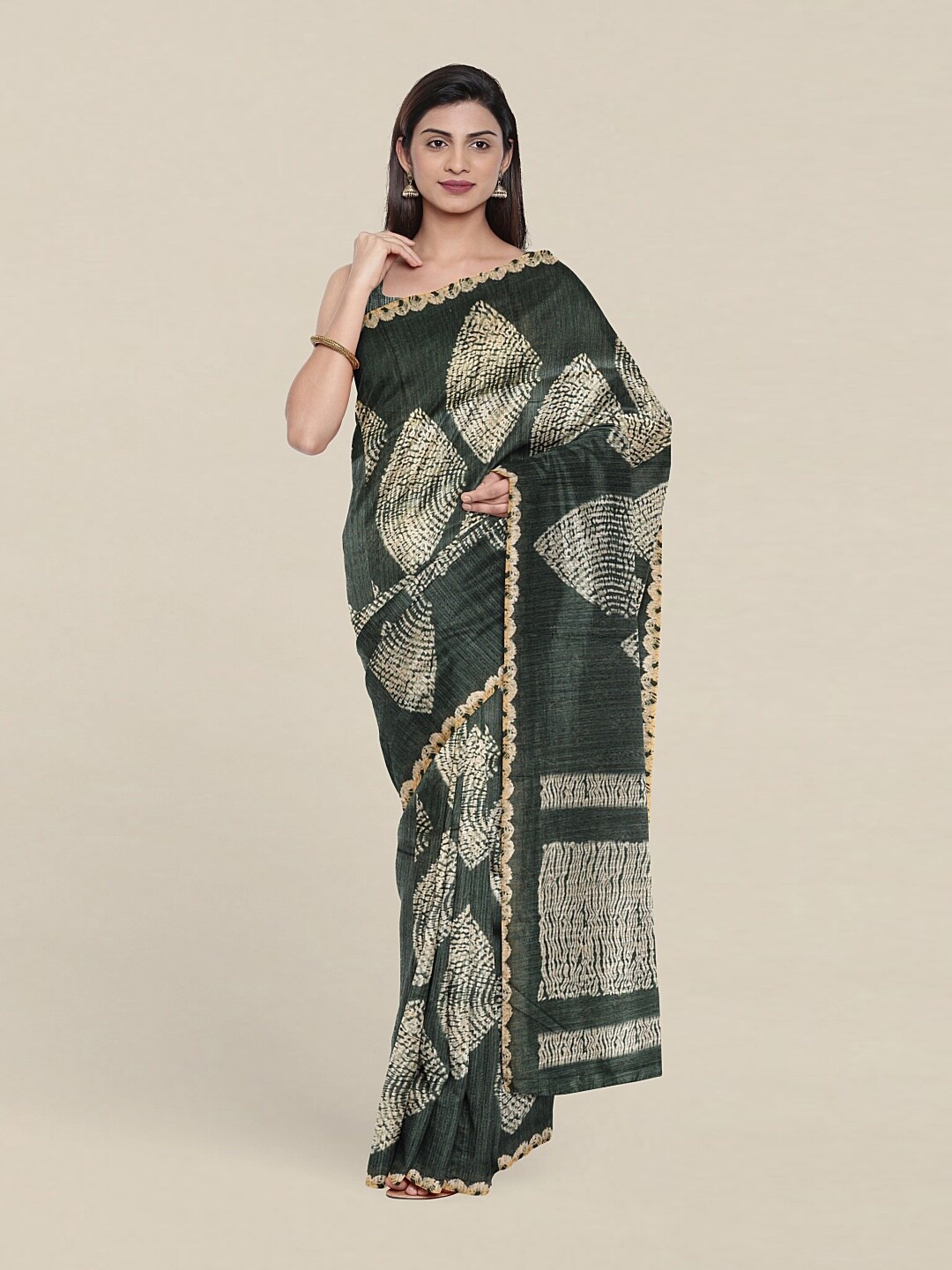 

Pothys Green & Cream-Coloured Ethnic Motifs Jute Silk Tussar Saree