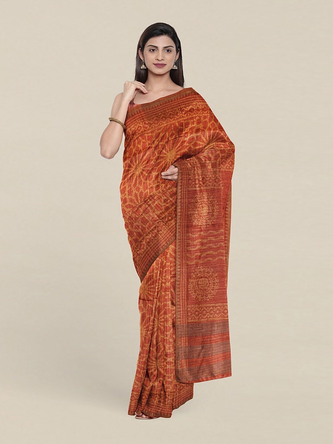 

Pothys Rust & Yellow Floral Jute Silk Saree