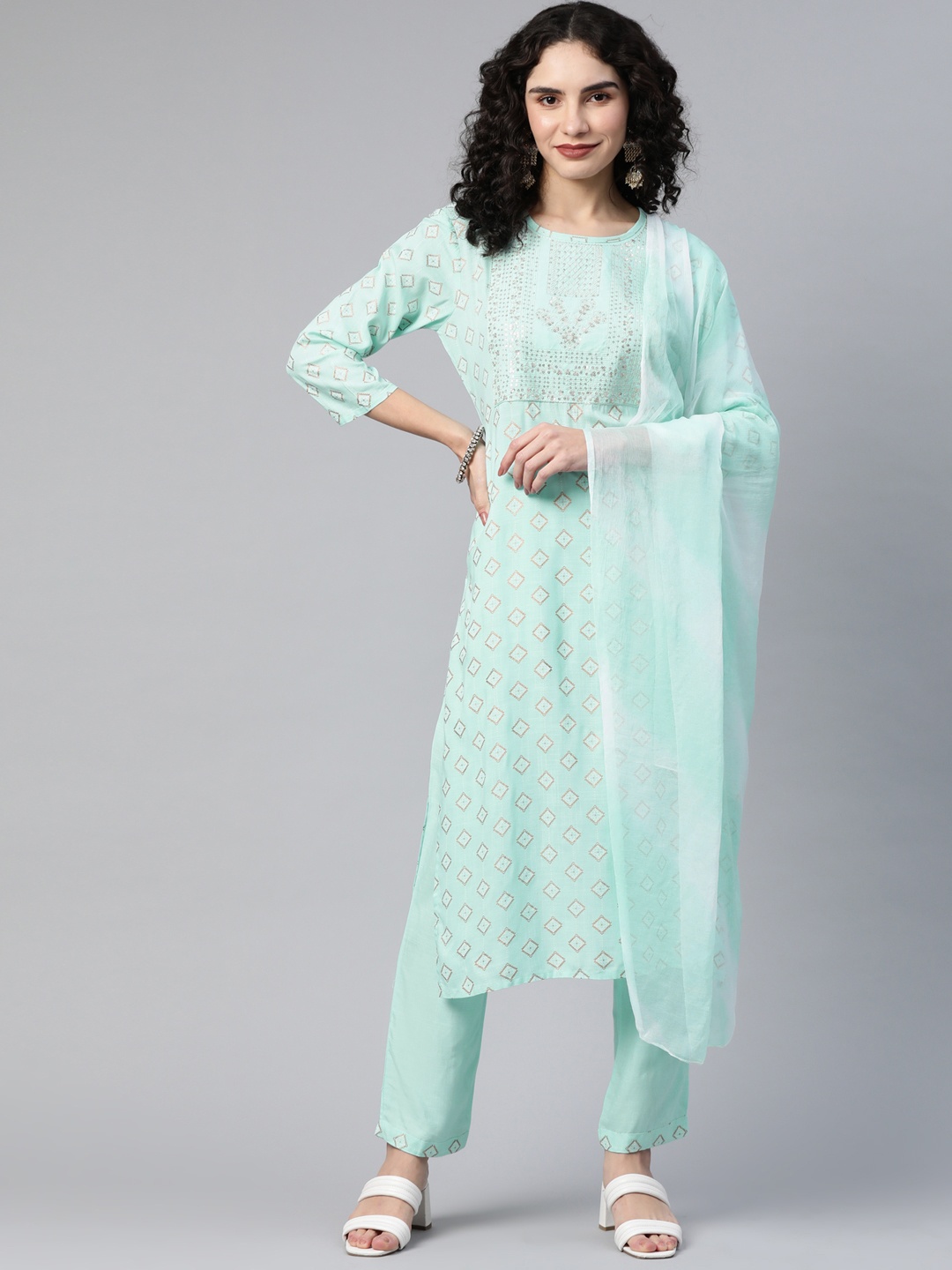 

KALINI Women Blue & Golden Ethnic Printed Sequinned Kurta with Trousers & With Dupatta