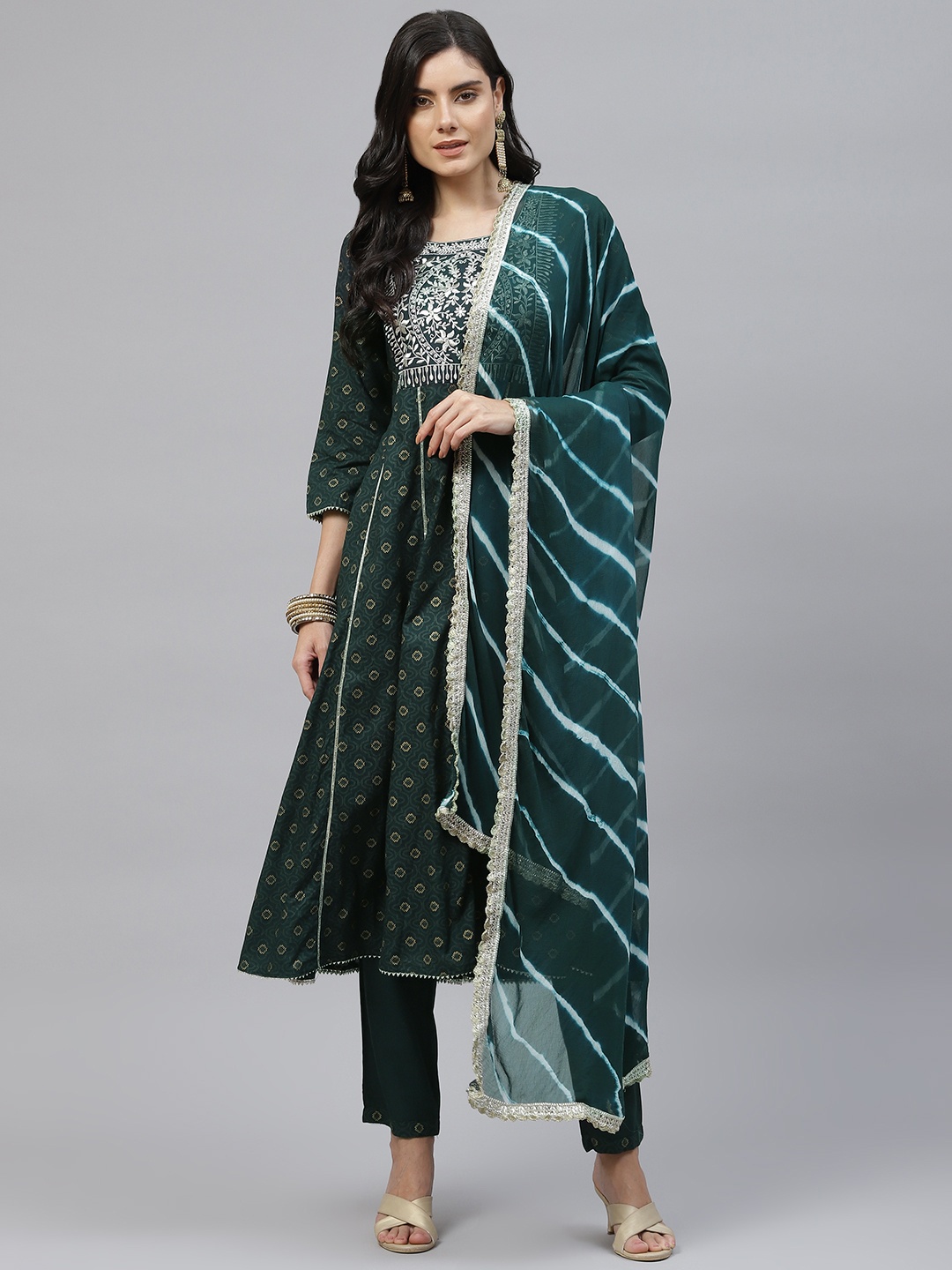 

KALINI Women Green Ethnic Motifs Printed Embroidered Kurta with Trousers & Dupatta