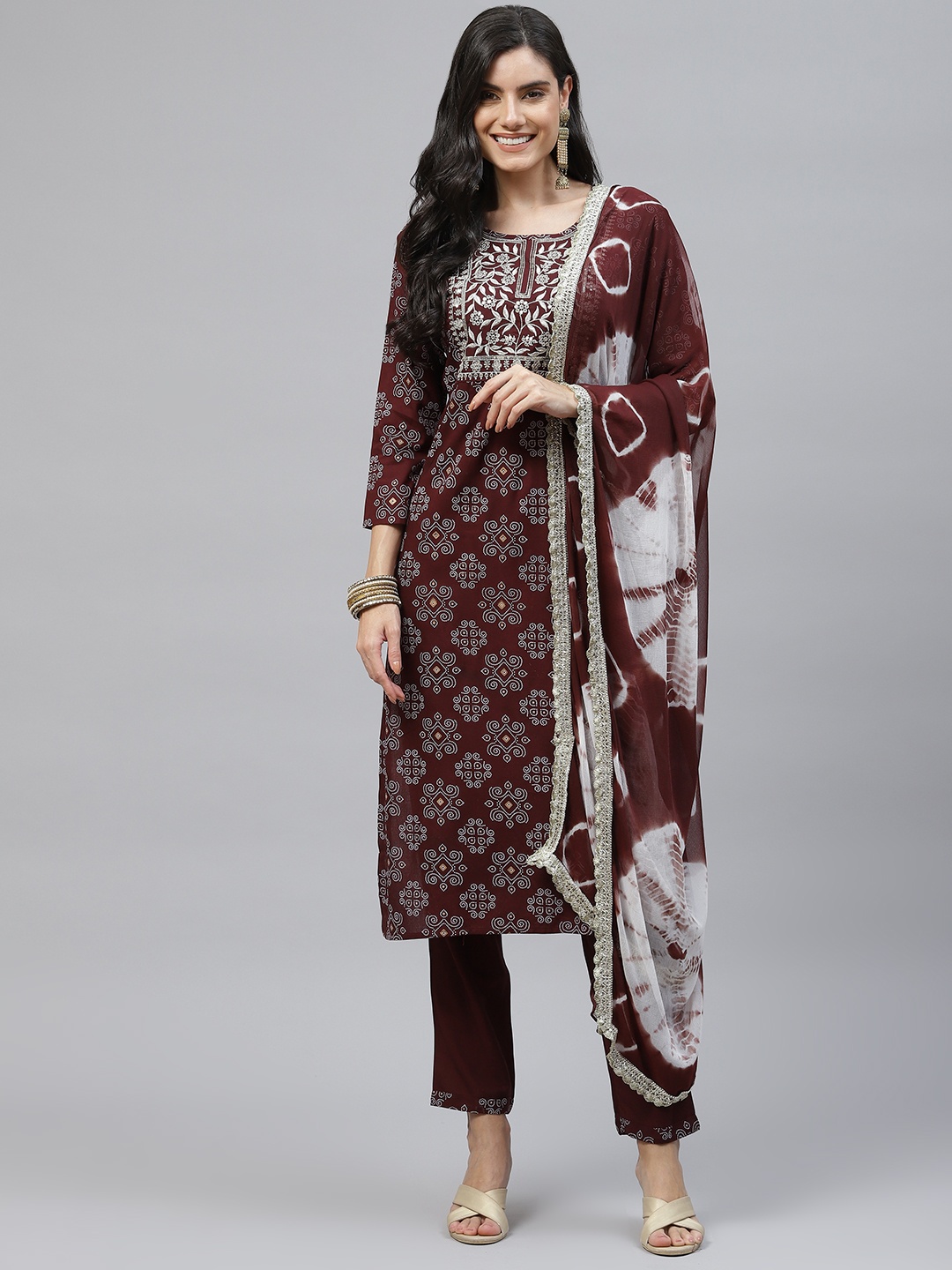 

KALINI Women Maroon Ethnic Motifs Printed Embroidered Kurta with Trousers & Dupatta