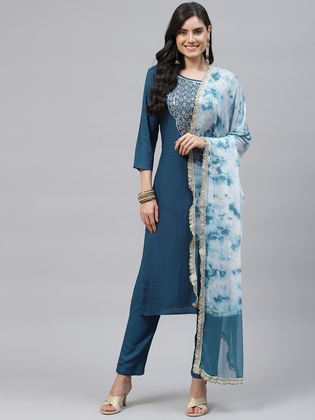 

KALINI Women Blue Ethnic Motifs Printed Embroidered Work Kurta with Trousers & Dupatta