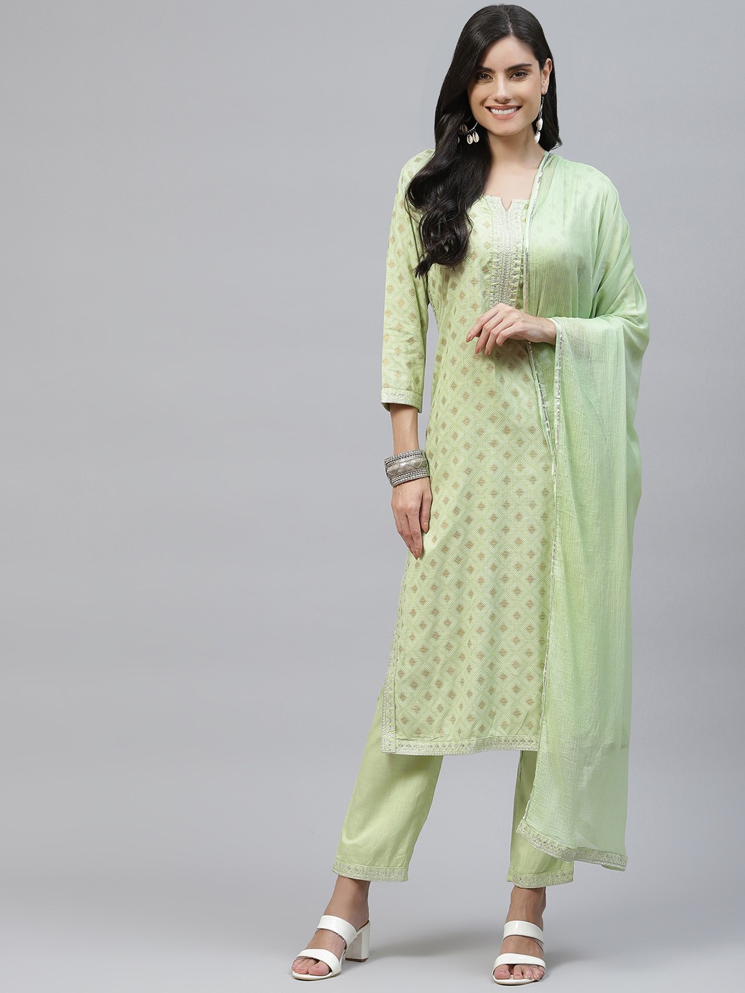 

KALINI Women Green Printed Embroidered Work Kurta with Trousers & Dupatta