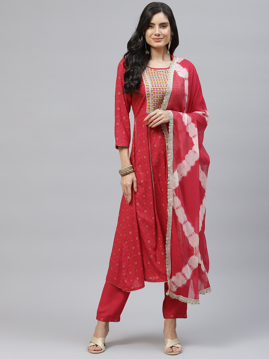 

KALINI Women Red Ethnic Motifs Printed Empire Embroidered Kurta with Trousers & Dupatta