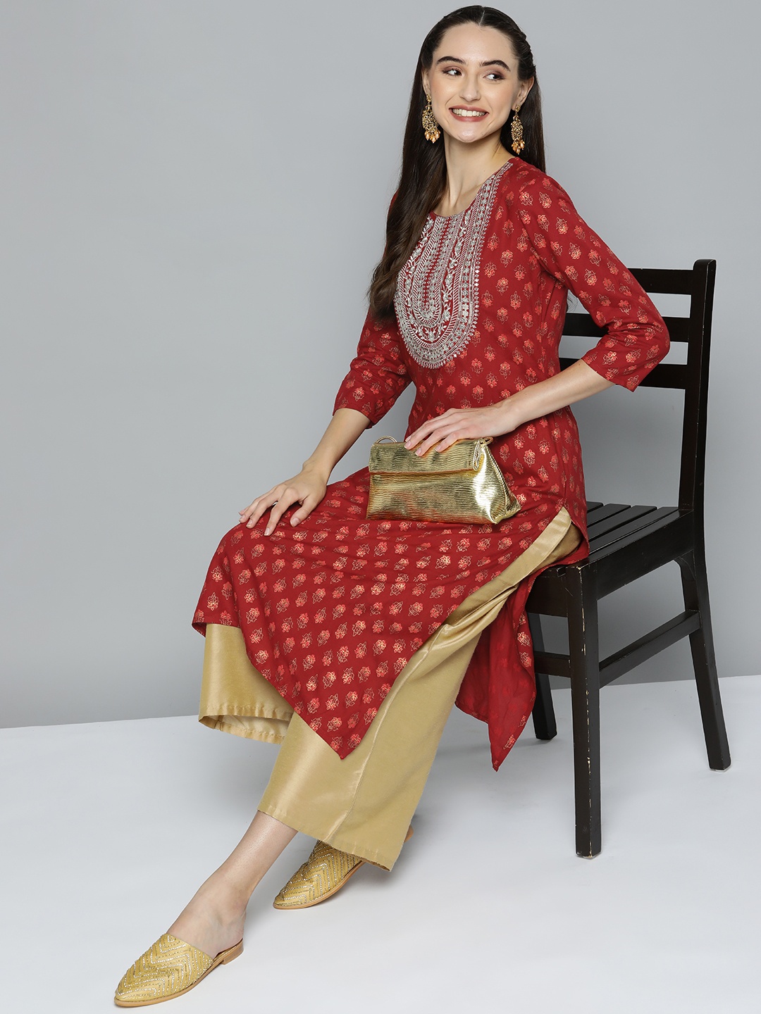 

HERE&NOW Women Red Ethnic Motifs Printed Embroidered Sequin Kurta