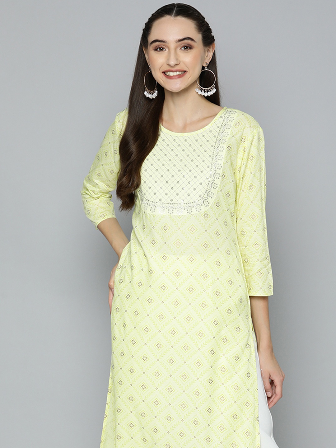 

HERE&NOW Women Yellow Ethnic Motifs Printed Embroidered Sequin Kurta