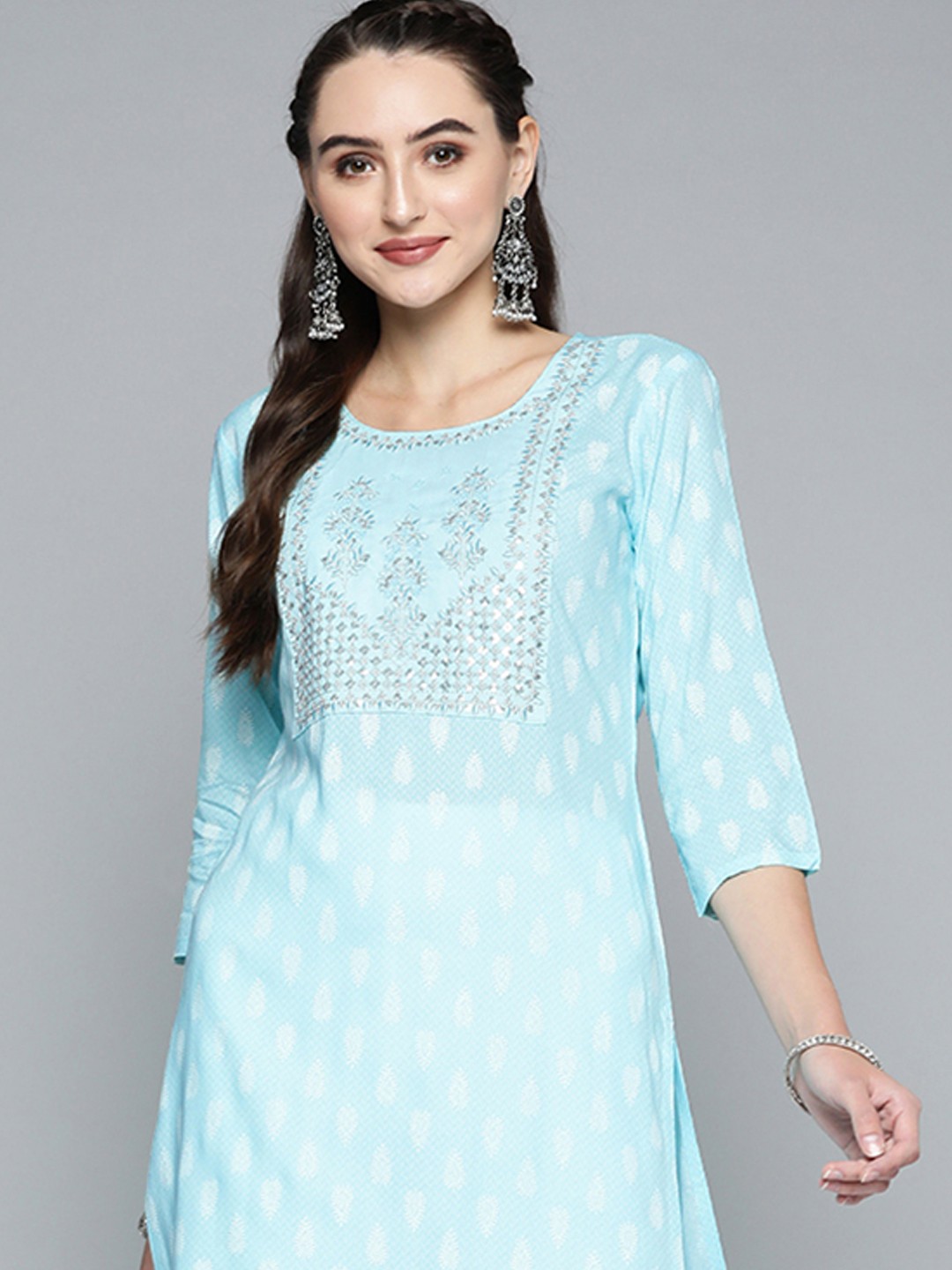 

HERE&NOW Women Blue Ethnic Motifs Printed Embroidered Work Kurta