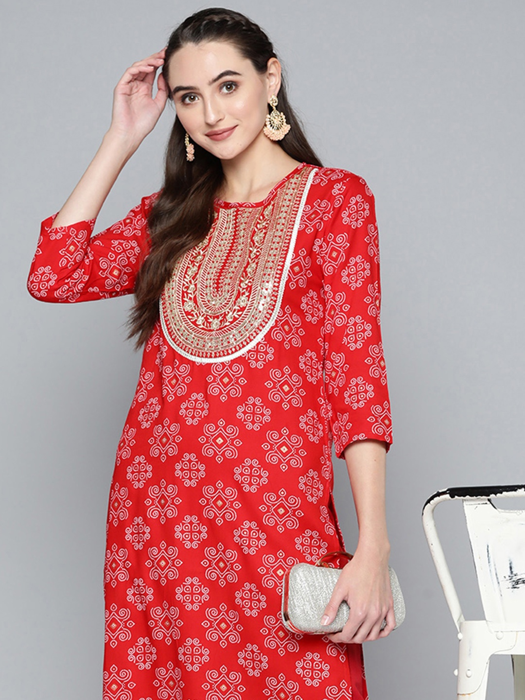 

HERE&NOW Women Red Ethnic Motifs Printed Embroidered Detail Work Kurta