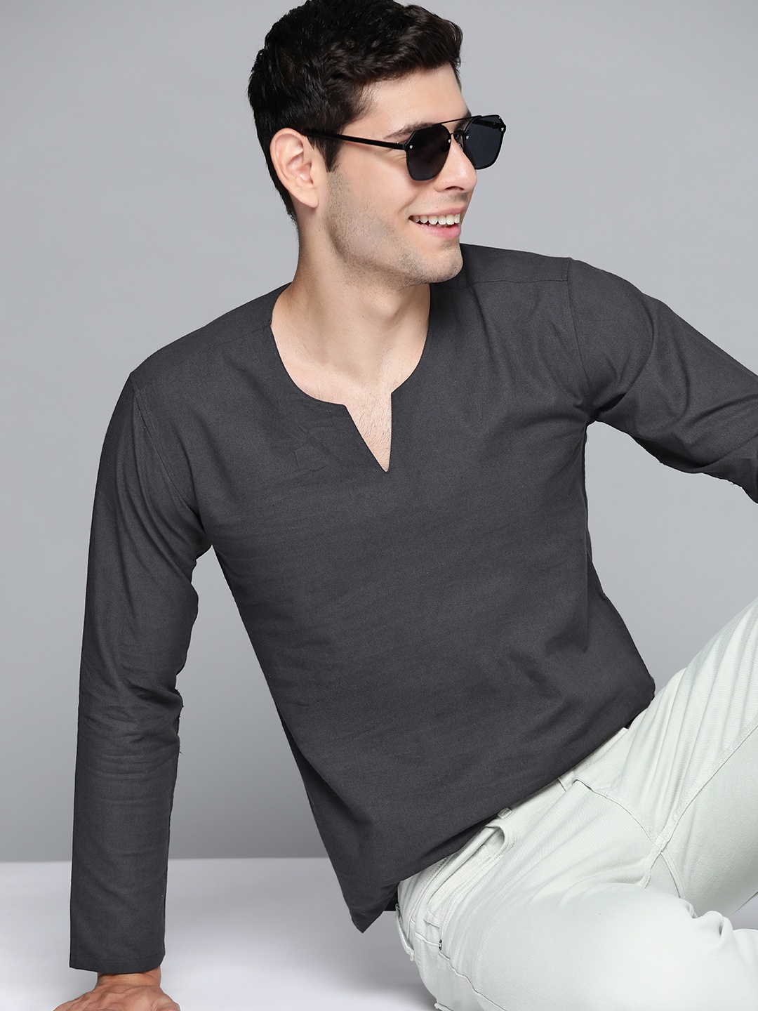 

HERE&NOW Men Black Cotton Kurta