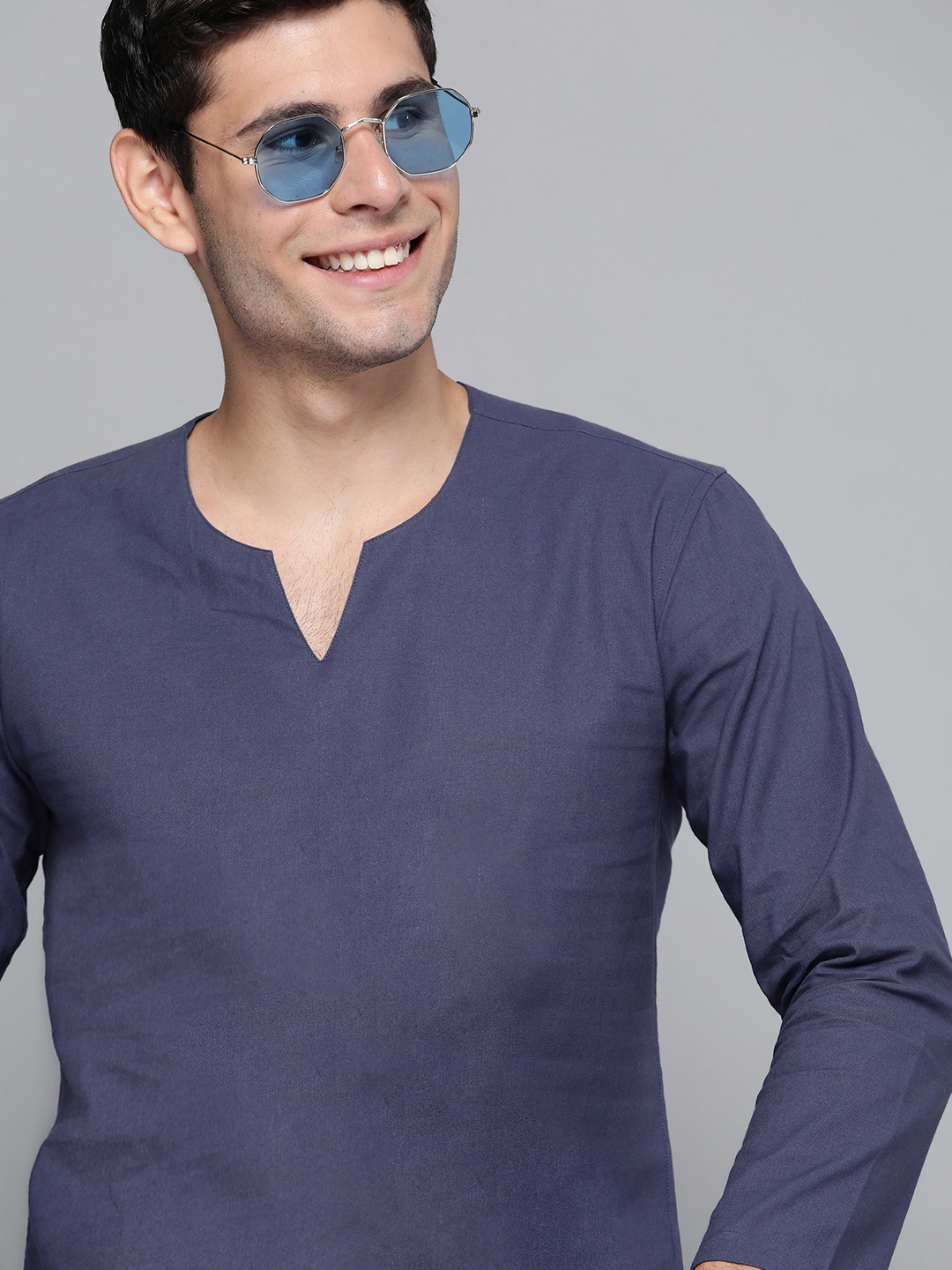 

HERE&NOW Men Navy Blue Cotton Kurta