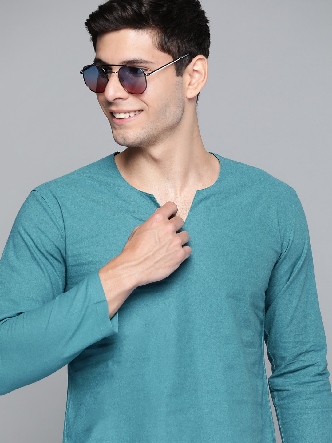 

HERE&NOW Men Teal-Blue Cotton Kurta