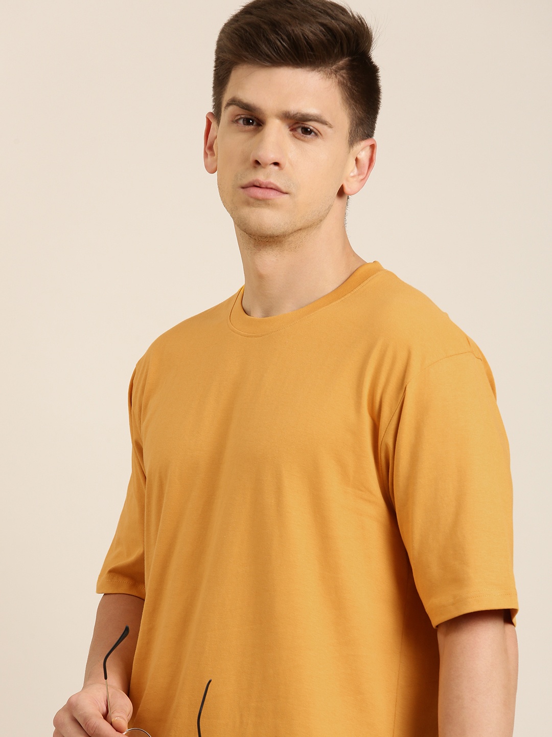 

DILLINGER Men Mustard Yellow Pure Cotton Drop-Shoulder Sleeves Oversized Fit T-shirt