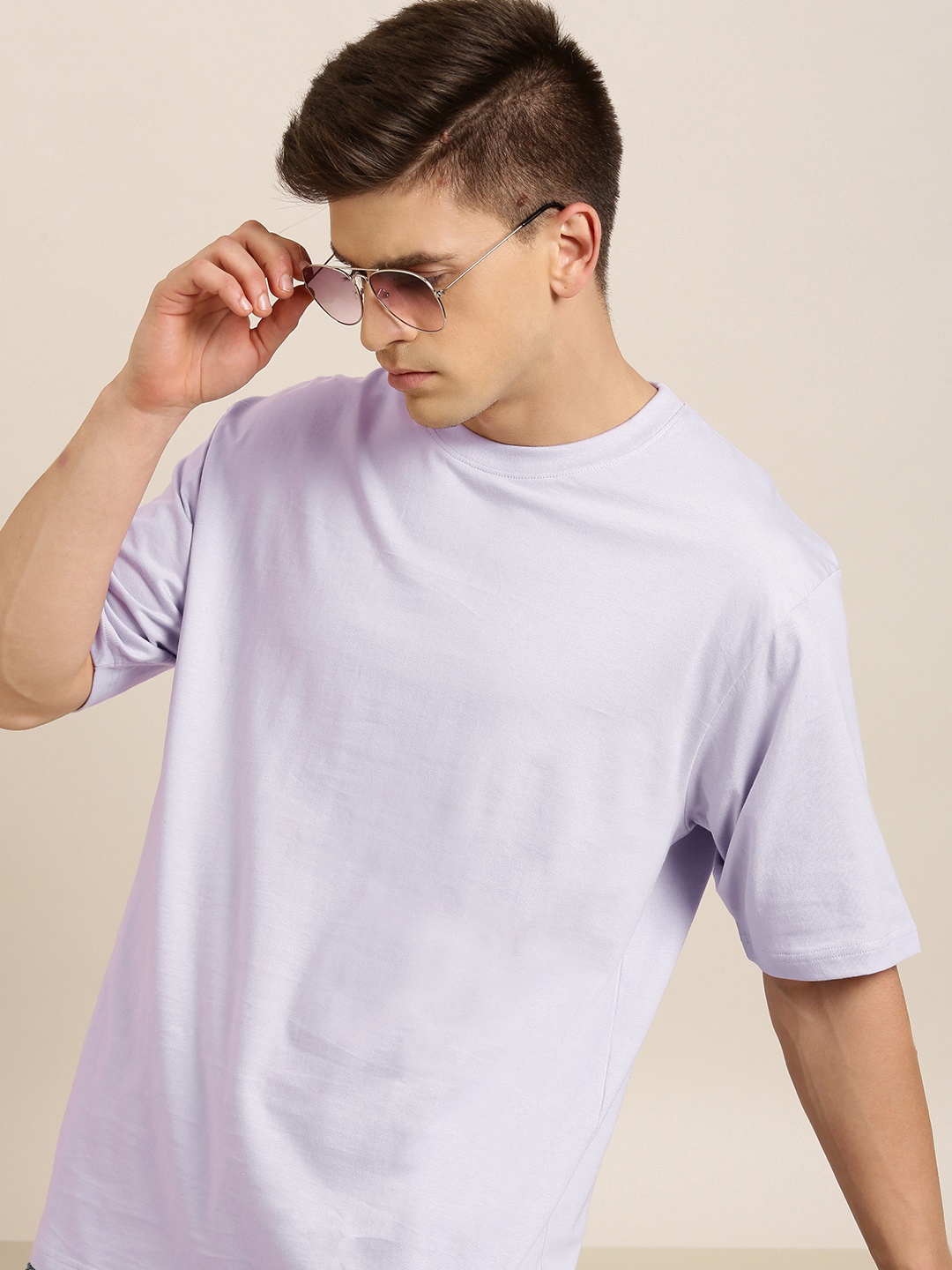 

DILLINGER Men Lilac Solid Pure Cotton Drop-Shoulder Sleeves Oversized Fit T-shirt, Lavender