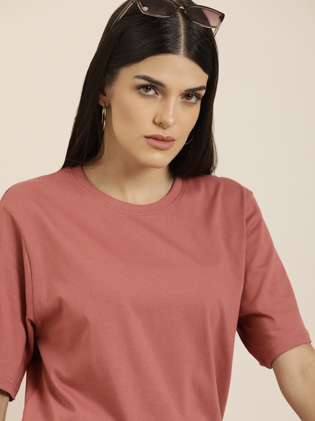 

DILLINGER Women Dusty Pink Solid Pure Cotton Oversized T-shirt, Rose
