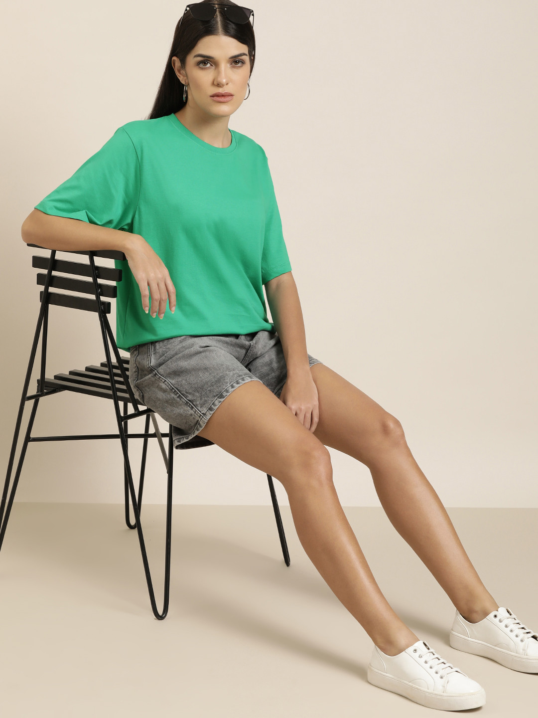 

DILLINGER Women Green Solid Pure Cotton Oversized T-shirt