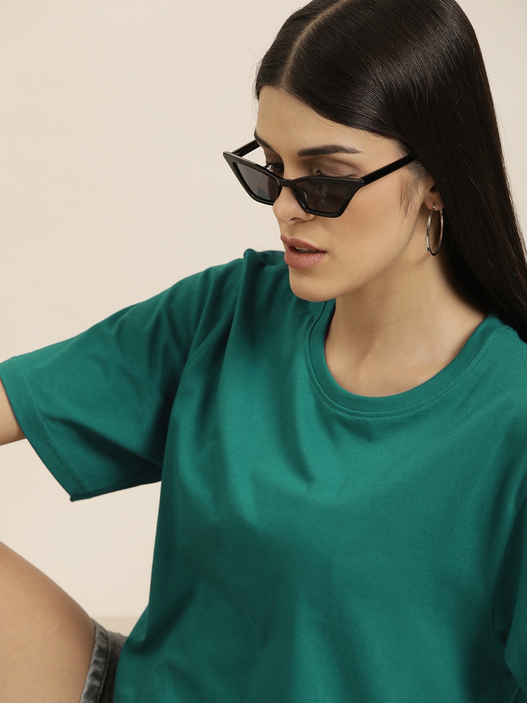 

DILLINGER Women Teal Blue Solid Pure Cotton Oversized T-shirt