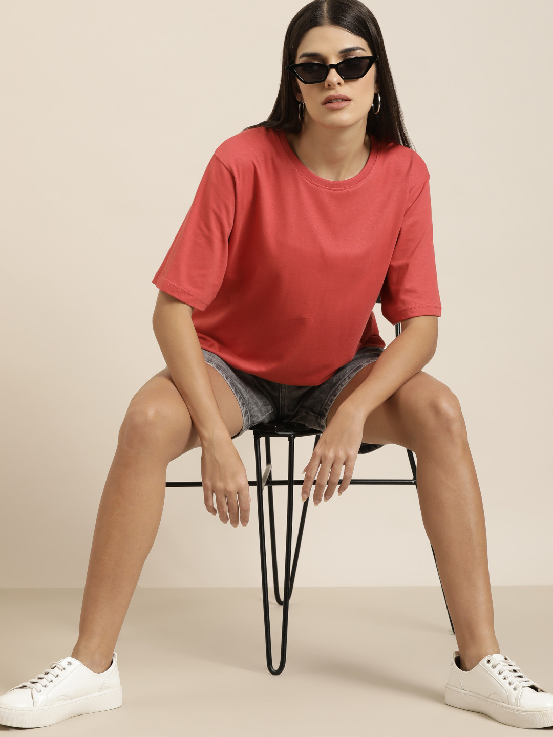

DILLINGER Women Coral Red Solid Pure Cotton Oversized T-shirt