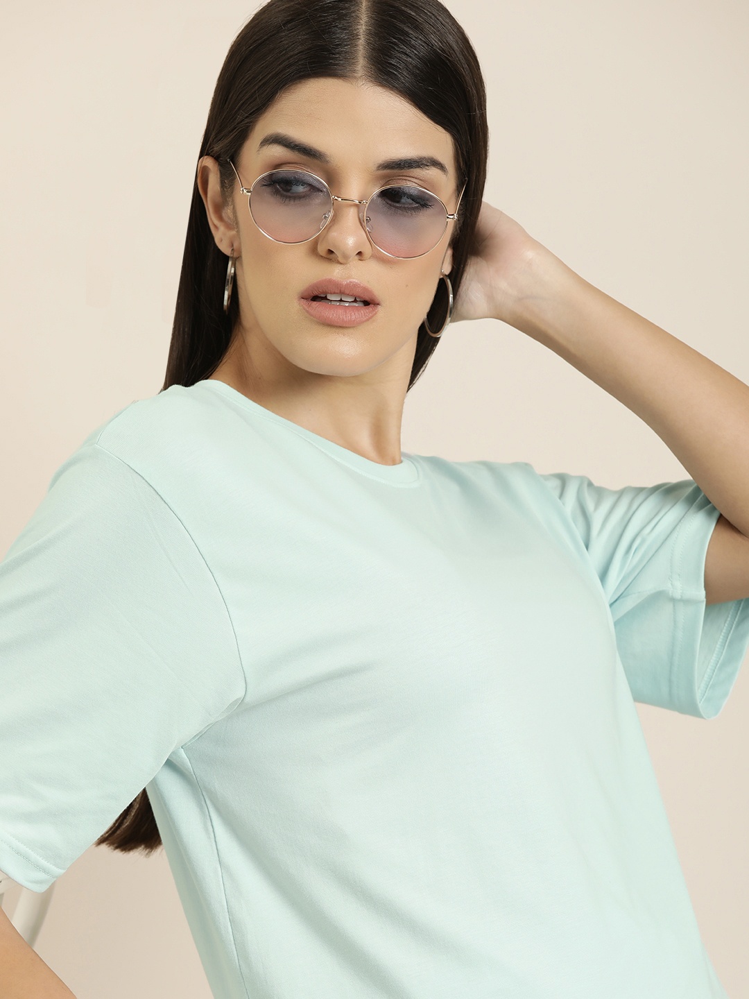 

DILLINGER Women Blue Solid Pure Cotton Oversized T-shirt
