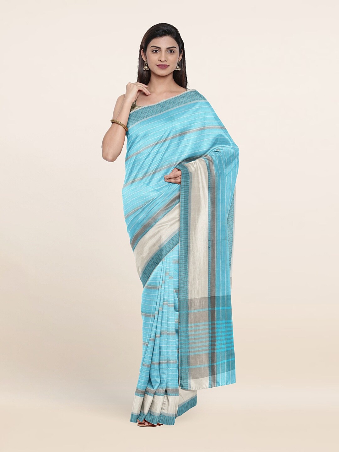 

Pothys Blue & Grey Striped Pure Cotton Saree