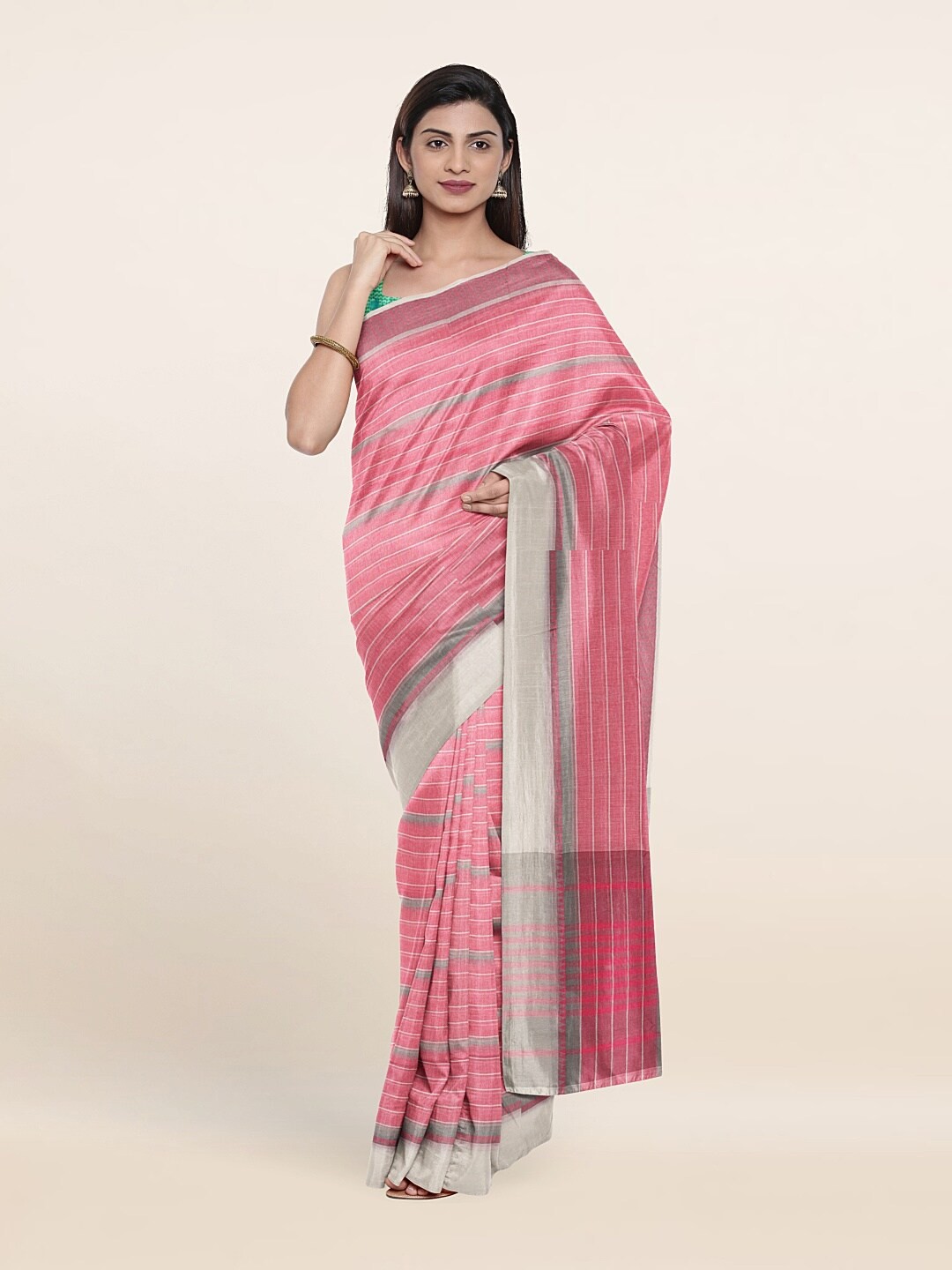 

Pothys Pink & Grey Striped Pure Cotton Saree