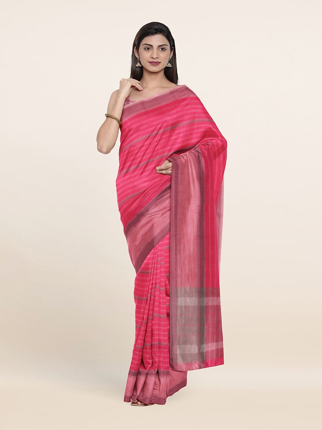 

Pothys Pink & Grey Striped Pure Cotton Saree