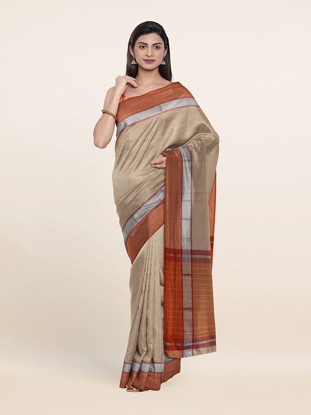 

Pothys Cream-Coloured & Brown Pure Cotton Saree