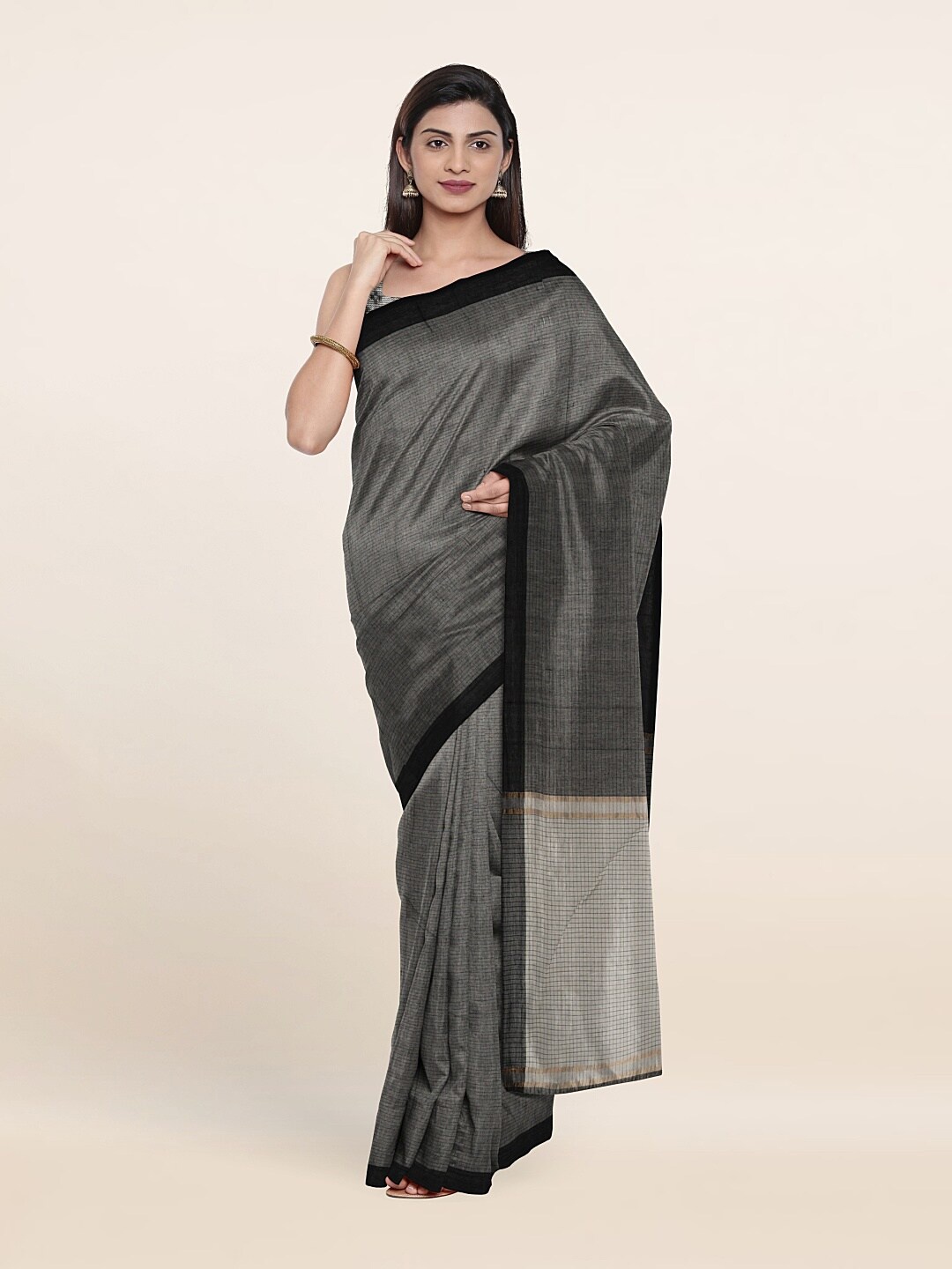 

Pothys Grey & Black Striped Zari Pure Cotton Saree