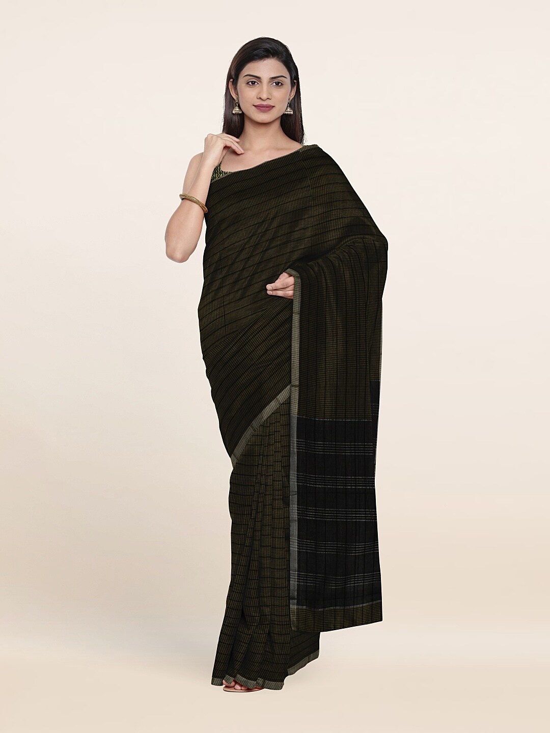 

Pothys Green & Silver-Toned Striped Pure Cotton Saree