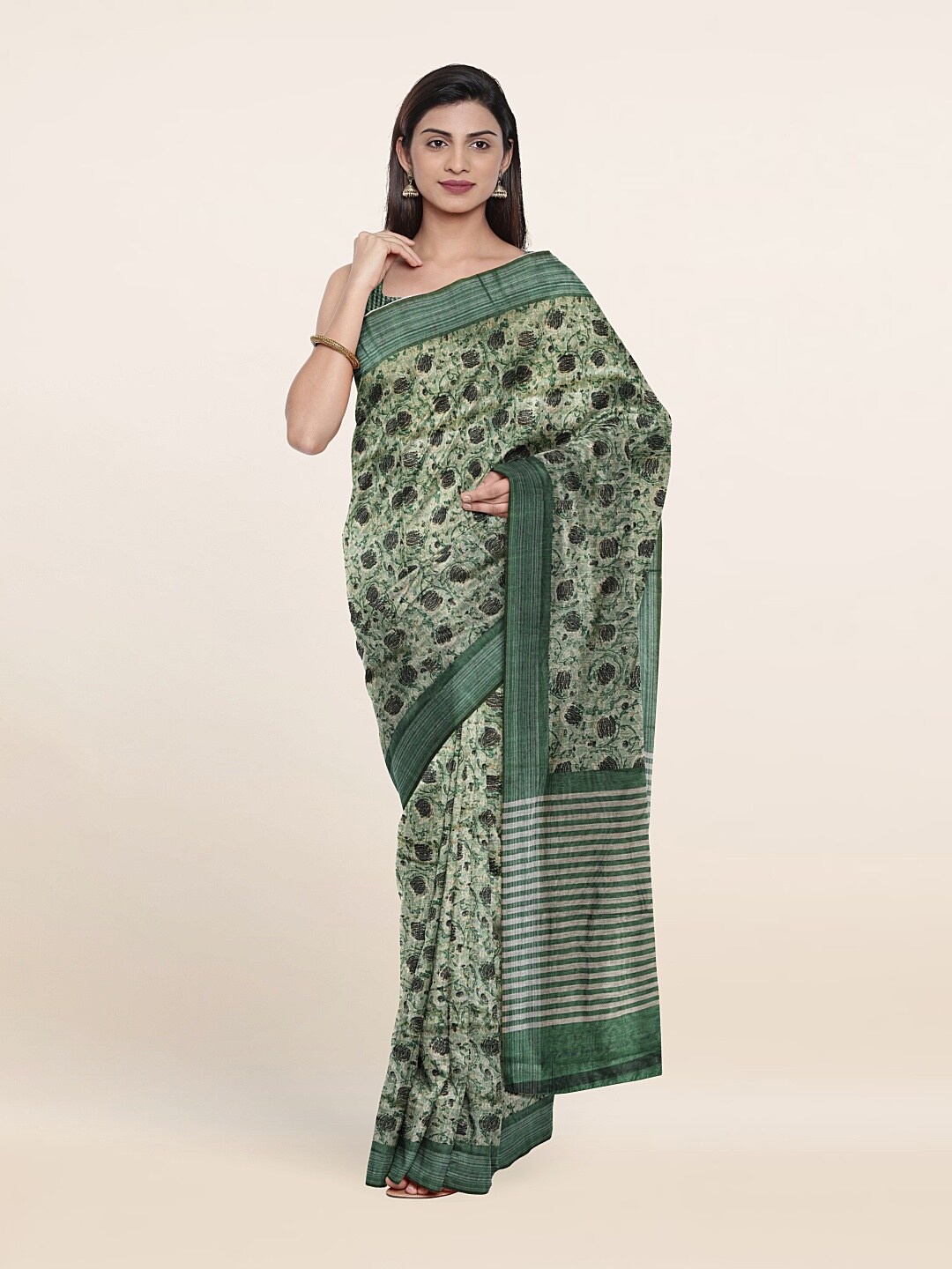 

Pothys Green & Grey Floral Jute Silk Saree