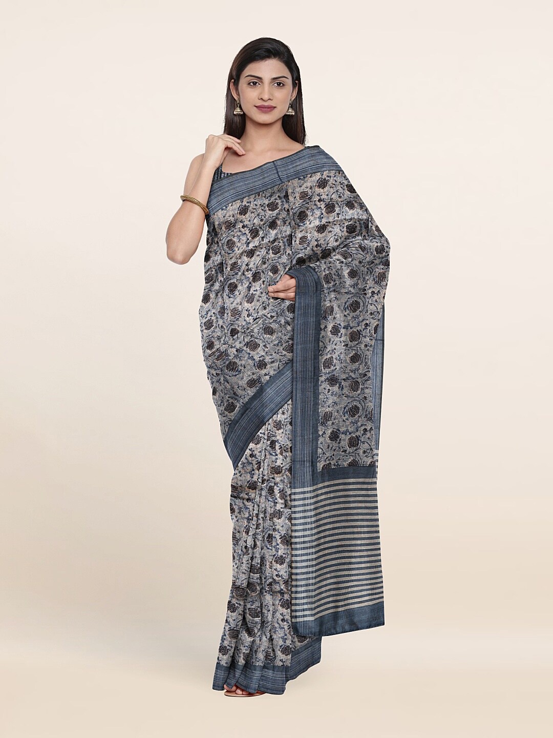 

Pothys Blue & Grey Floral Jute Silk Saree